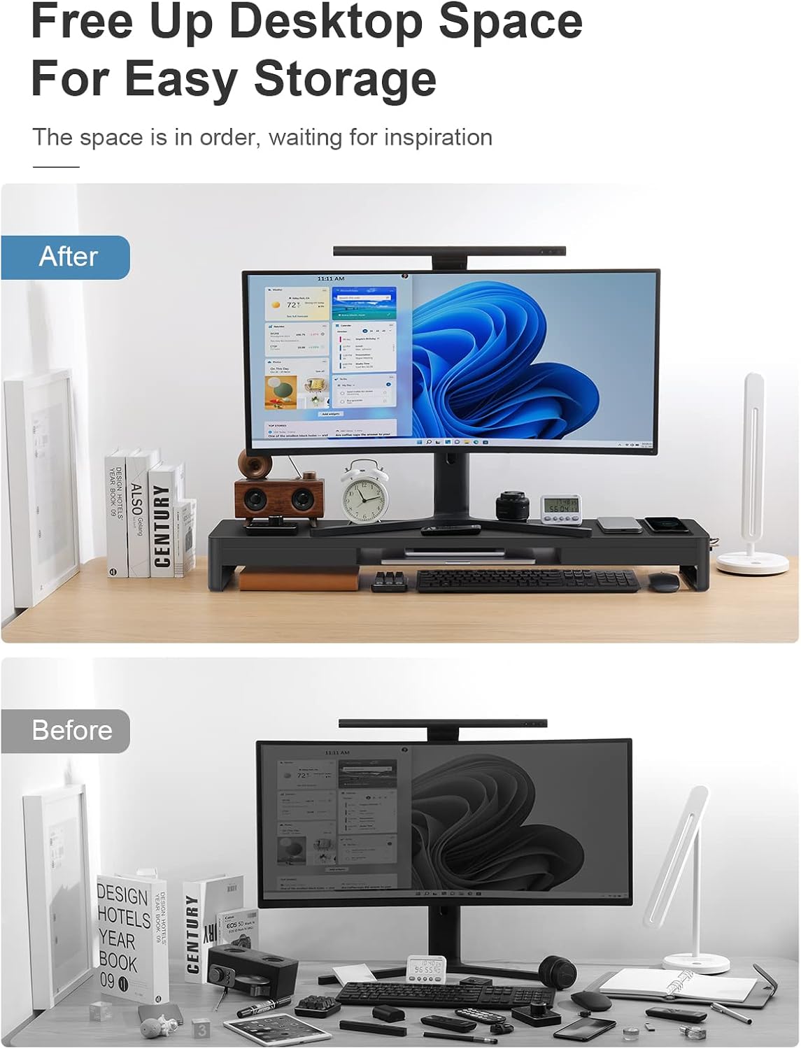 Detalle 1 de meatanty Dual Monitor Stand Riser, 38.7-Inch Metal Desk Organizer with Drawers and USB Ports