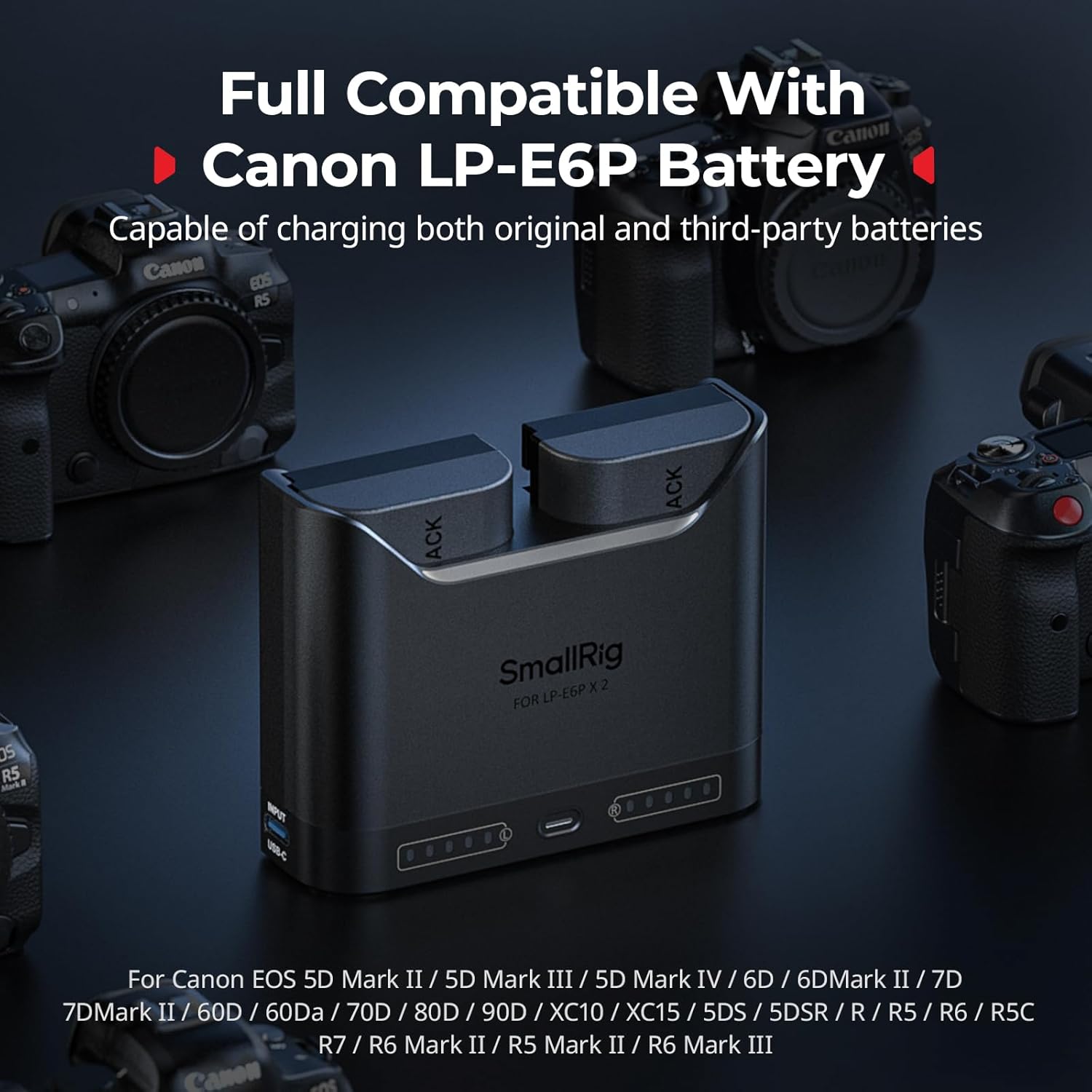 Detalle de SMALLRIG LP-E6P Kit de Batteries pour Canon — Chargeur double emplacement avec 2520 mAh