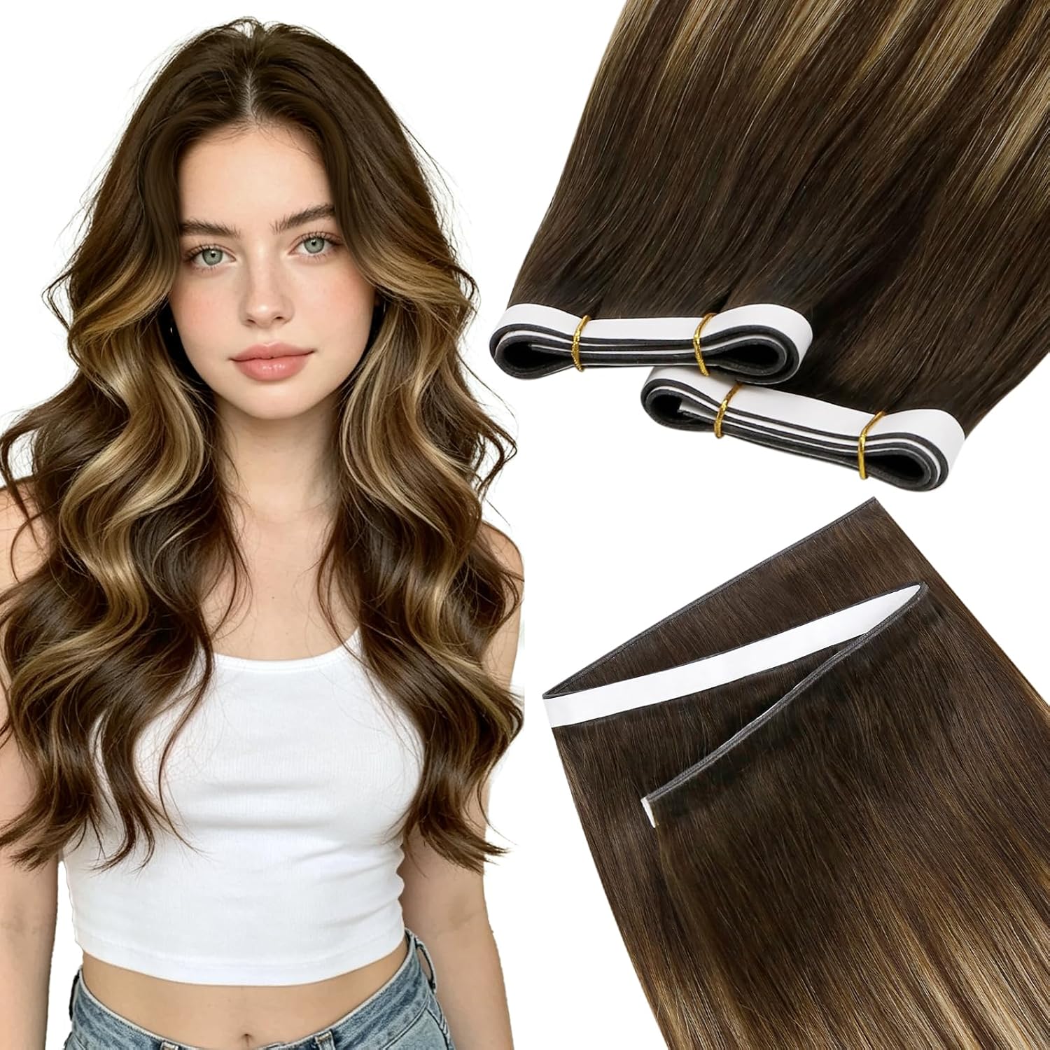 Detalle de LaaVoo Tape Extensions Echthaar Balayage Blondine Ombre Platinblond – 55 cm, 20 Stück