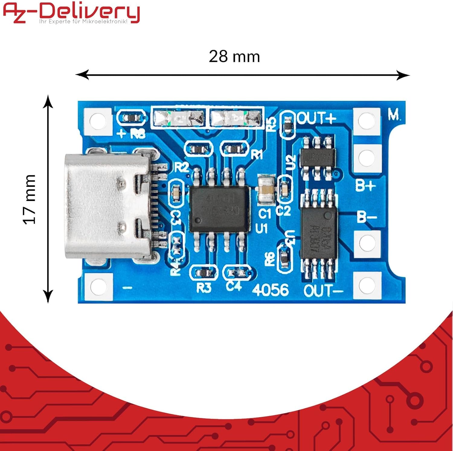 Detalle de AZDelivery modulo di ricarica TP4056 con USB Type-C e protezione per singola cella Li-Ion/LiPo