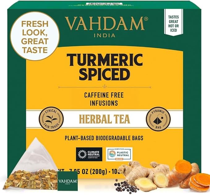 Detalle de VAHDAM Té de Cúrcuma y Especias ☕️ 100 Bolsitas Piramidales