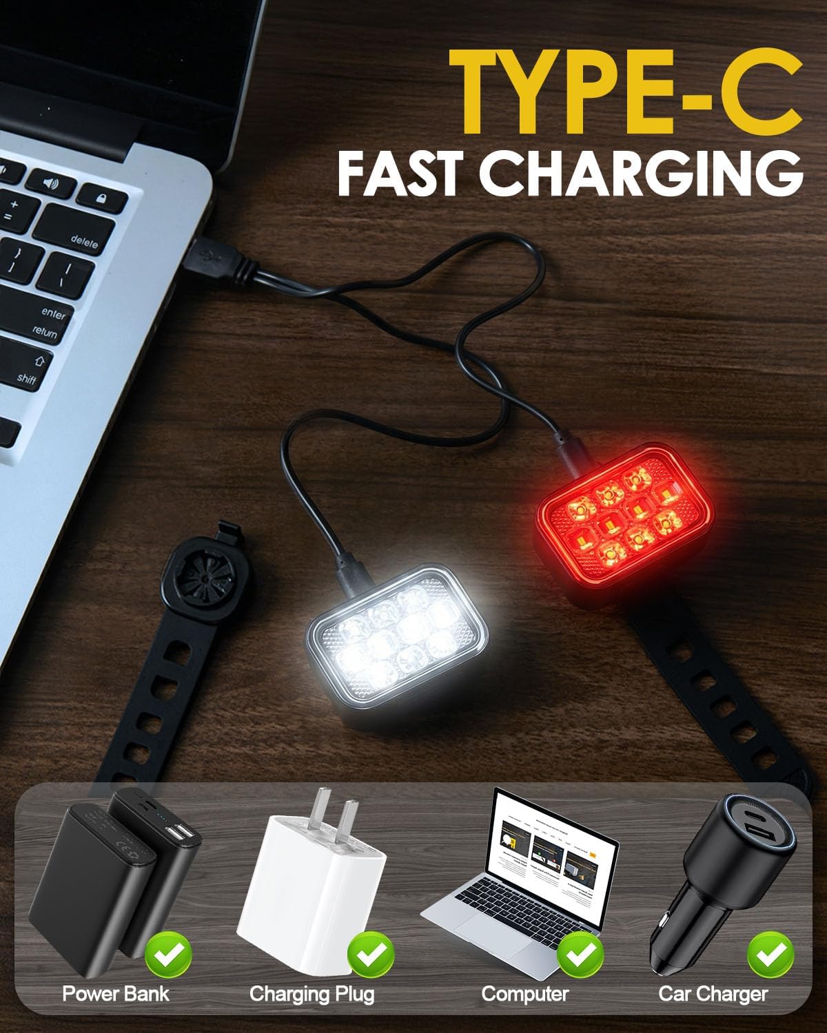 Detalle de Victoper 10 LED Black Bike Light Set, 500 Lumens, USB Rechargeable