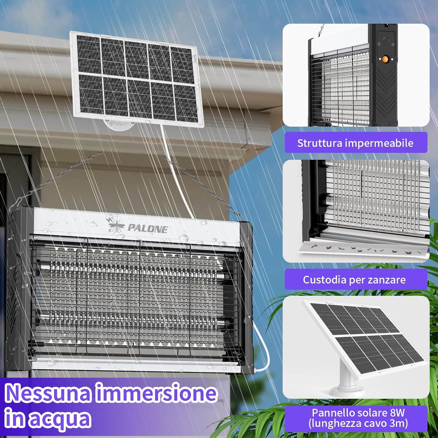 Detalle 2 de PALONE Lampada Antizanzare Elettrica con Ricarica Solare 3600mAh – Protezione versatile per interni ed esterni