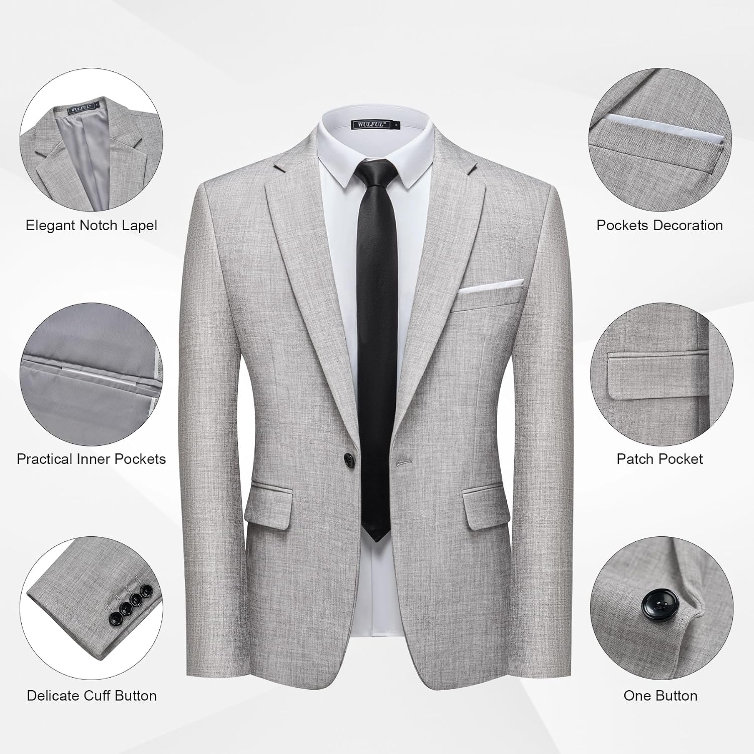 Detalle 2 de WULFUL Men’s 2-Piece Slim Fit Suit Set (One-Button Blazer Jacket + Pants) for Parties, Weddings & Business