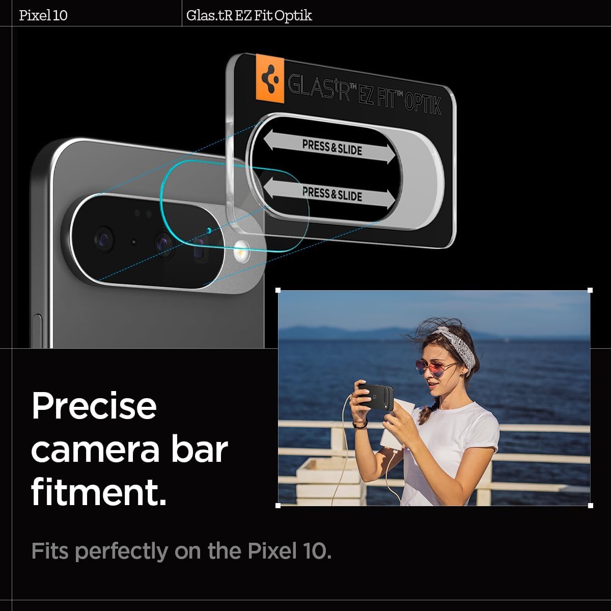 Detalle de Spigen Glas.tR EZ Fit Optik protezione fotocamera per Google Pixel 10, pellicola 9H trasparente (2 pezzi)