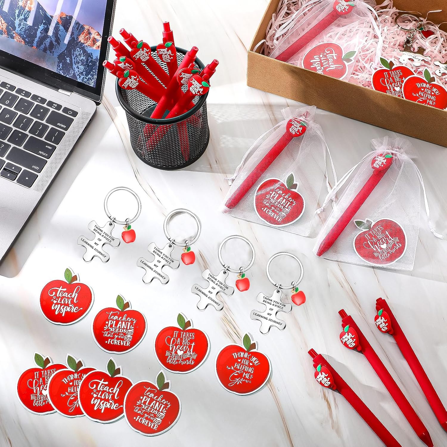Detalle de Johiux 12 Sets Thank You Gifts for Teachers: Apple Themed Keychains, Pens & Cards in Organza Bags