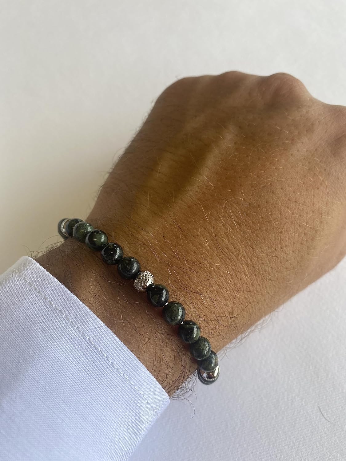 Detalle de 10:10 Bracciale con diaspro verde 6 mm in acciaio inox, 21 cm, produzione Italia