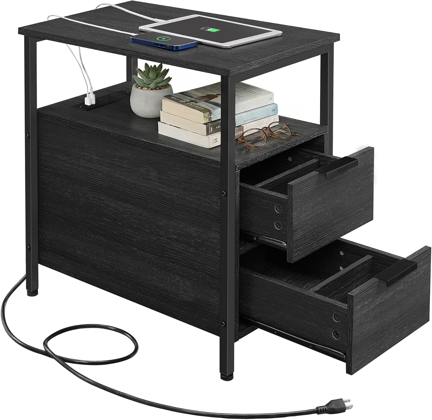 Detalle de VASAGLE ULET321B22V1S Side Table with Charging Station and 2 Drawers