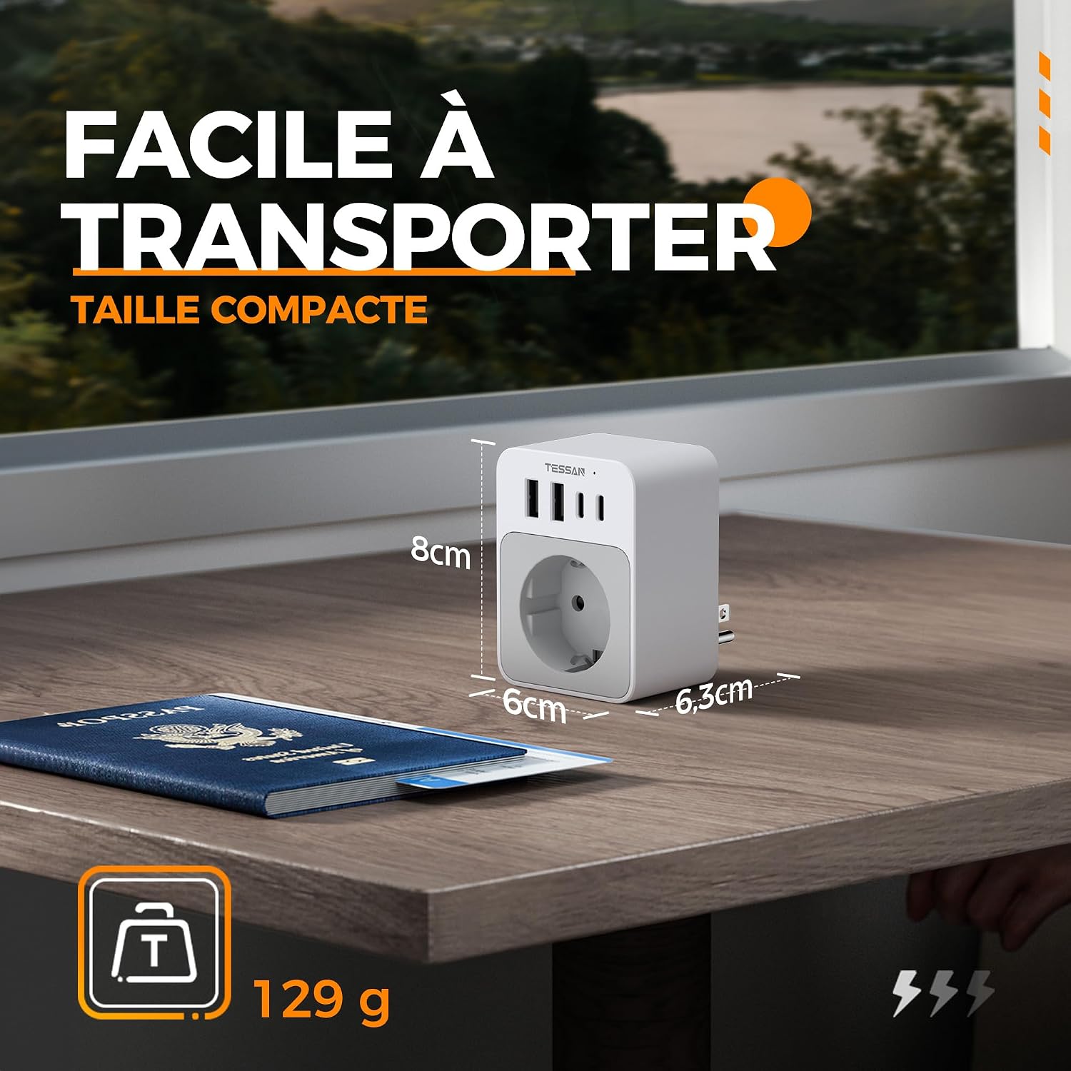 Detalle de TESSAN Adaptateur prise USA 5 en 1 avec 2 USB-C et 2 USB-A (Type B) — charge rapide 20W