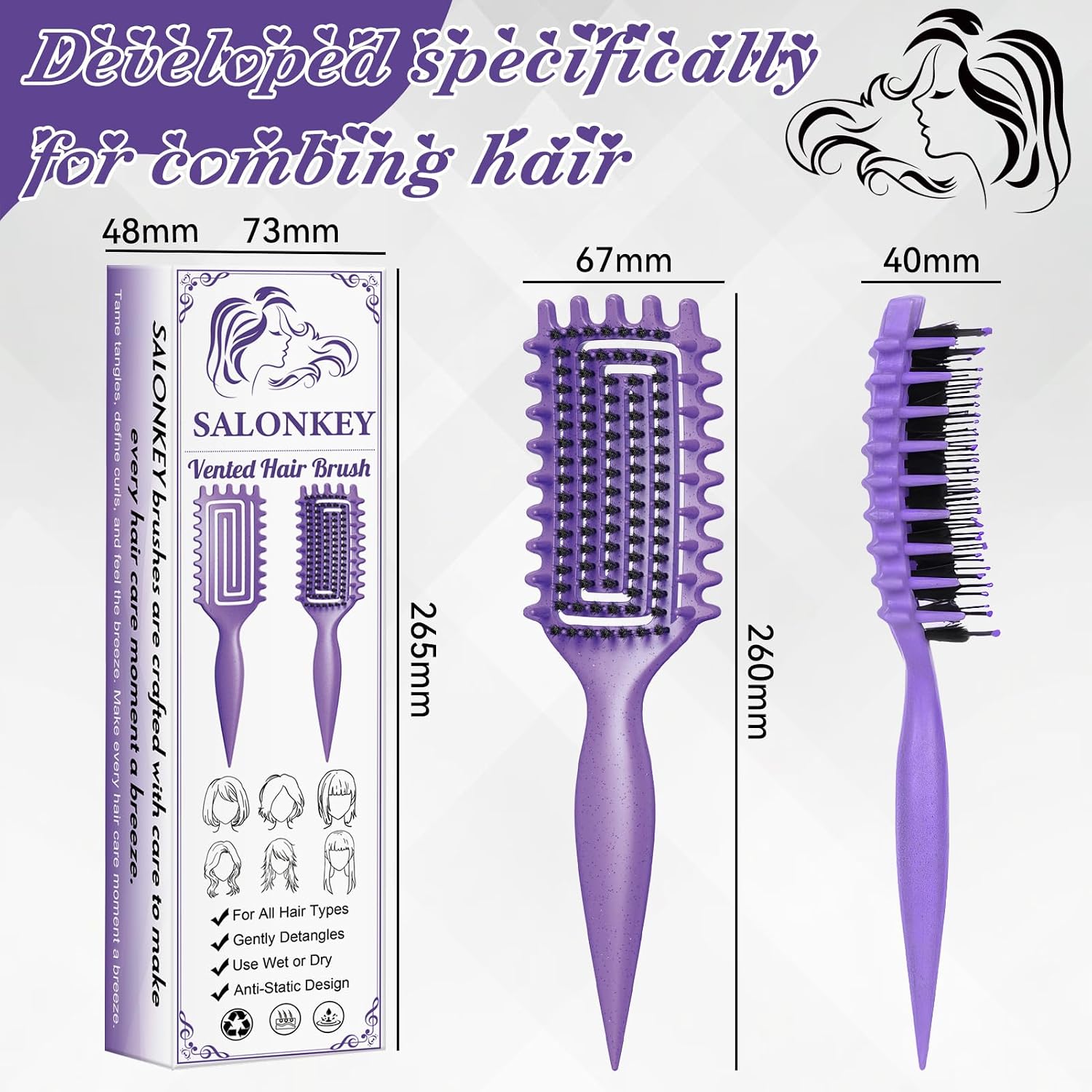 Detalle de Lockenbürste für Locken – sanftes Entwirren und Styling ohne Ziepen (Lila)