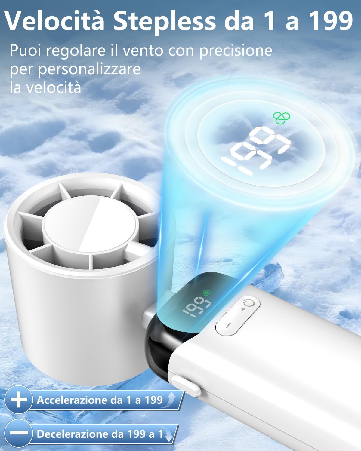 Detalle de Ventilatore da Tavolo Silenzioso con Rotazione 360° e Display LED – 4000mAh, Regolazione Continua 1–100, Autonomia fino a 17 Ore