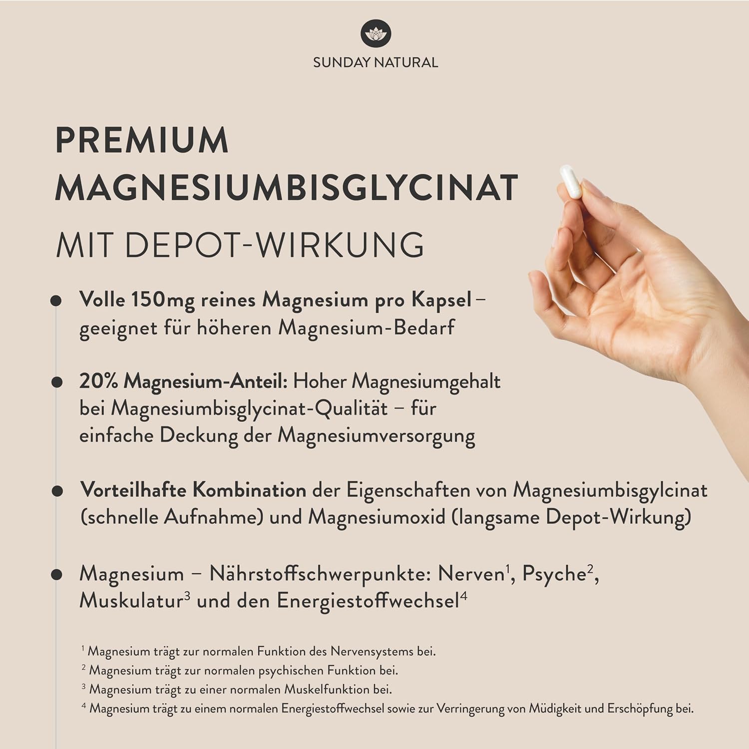 Detalle de SUNDAY NATURAL Magnesium Bisglycinat – 240 Kapseln, 300 mg pro Tagesdosis, vegan und laborgeprüft