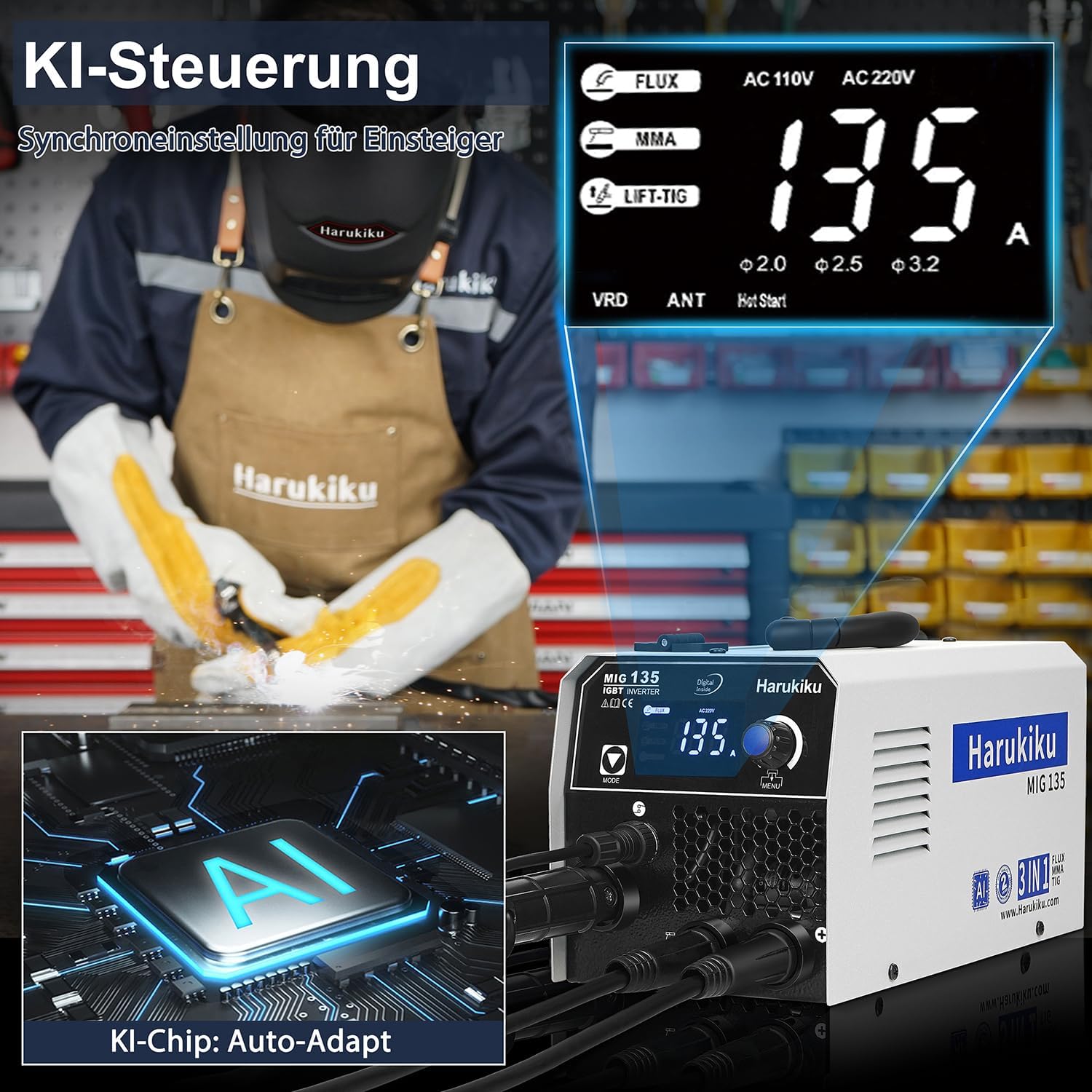 Thumbnail 1 de Harukiku135A Fülldraht-Schweißgerät 3-in-1 (Flux MIG/ARC, MMA, Lift-WIG) mit synergischem Drahtvorschub