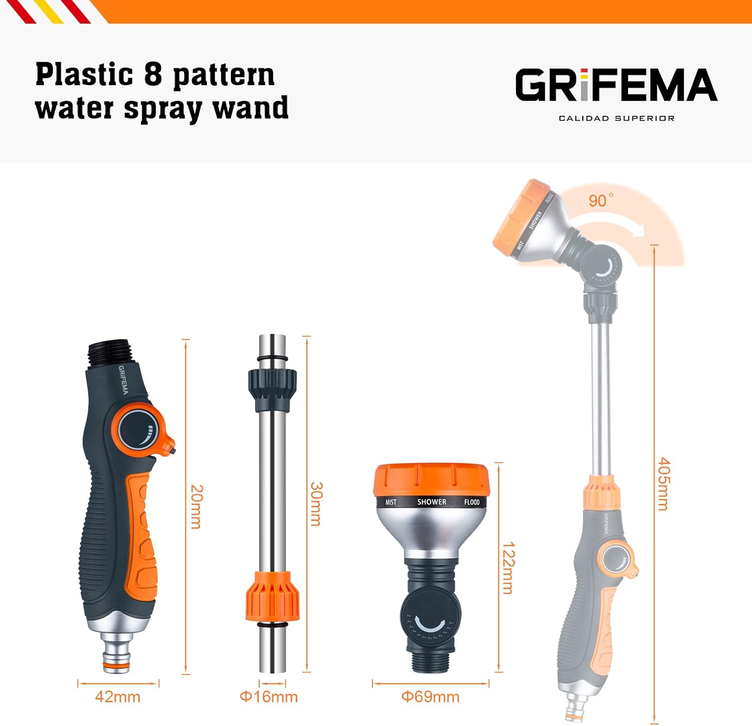 Thumbnail 1 de GRIFEMA Blumenampel-Gießstab mit 8 Sprühbildern – verstellbarer Schlauch-Brausekopf (40,5 cm), Schwarz/Orange