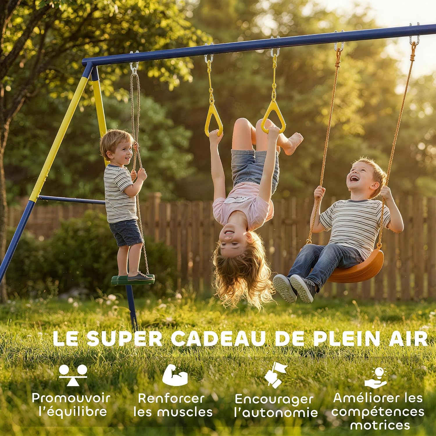 Detalle 2 de AIYAPLAY Portique Balançoire Extérieure 3-en-1 pour Enfants (3–8 ans) – Siège, Anneaux et Balançoire à Disque