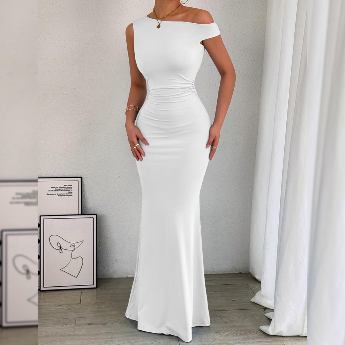 Detalle de Belriviere Womens Off The Shoulder Maxi Dress - Ruched Fishtail Bodycon Gown