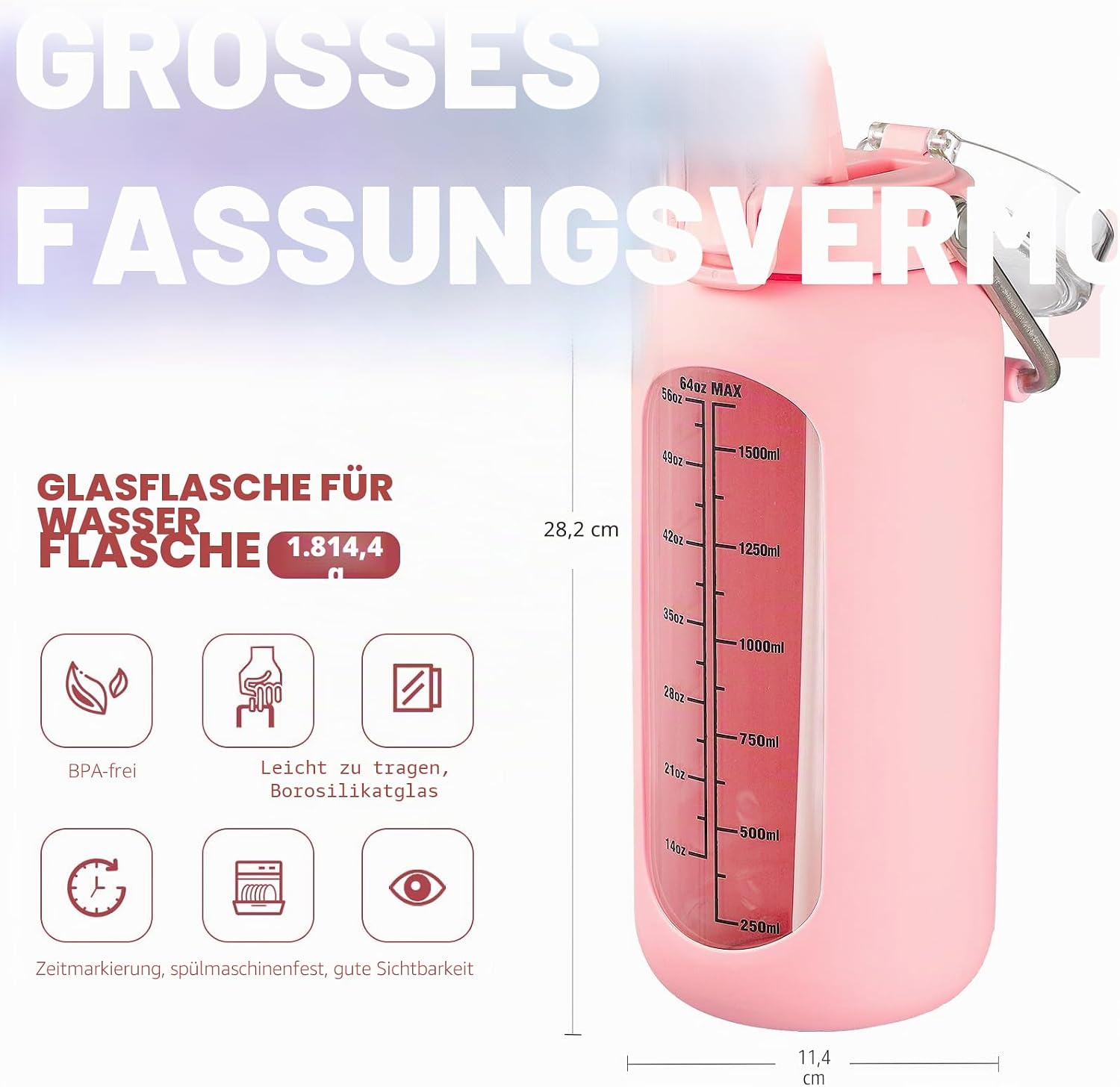 Detalle de BLUEGO 2000ml Glaswasserflasche mit Edelstahlgriff, Zeitmarkierung und Silikonhülle – BPA-frei, Rosa