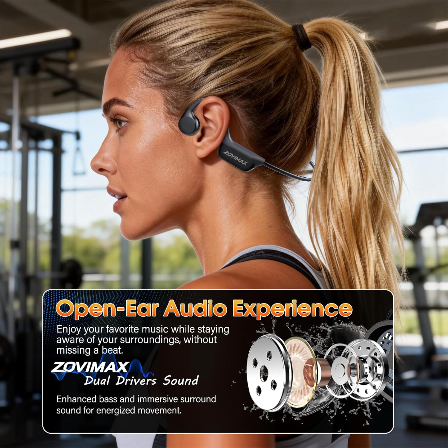 Detalle de ZOVIMAX Knochenschall Kopfhörer – Open-Ear Bluetooth 6.0, 12 Std. Akku, IPX7