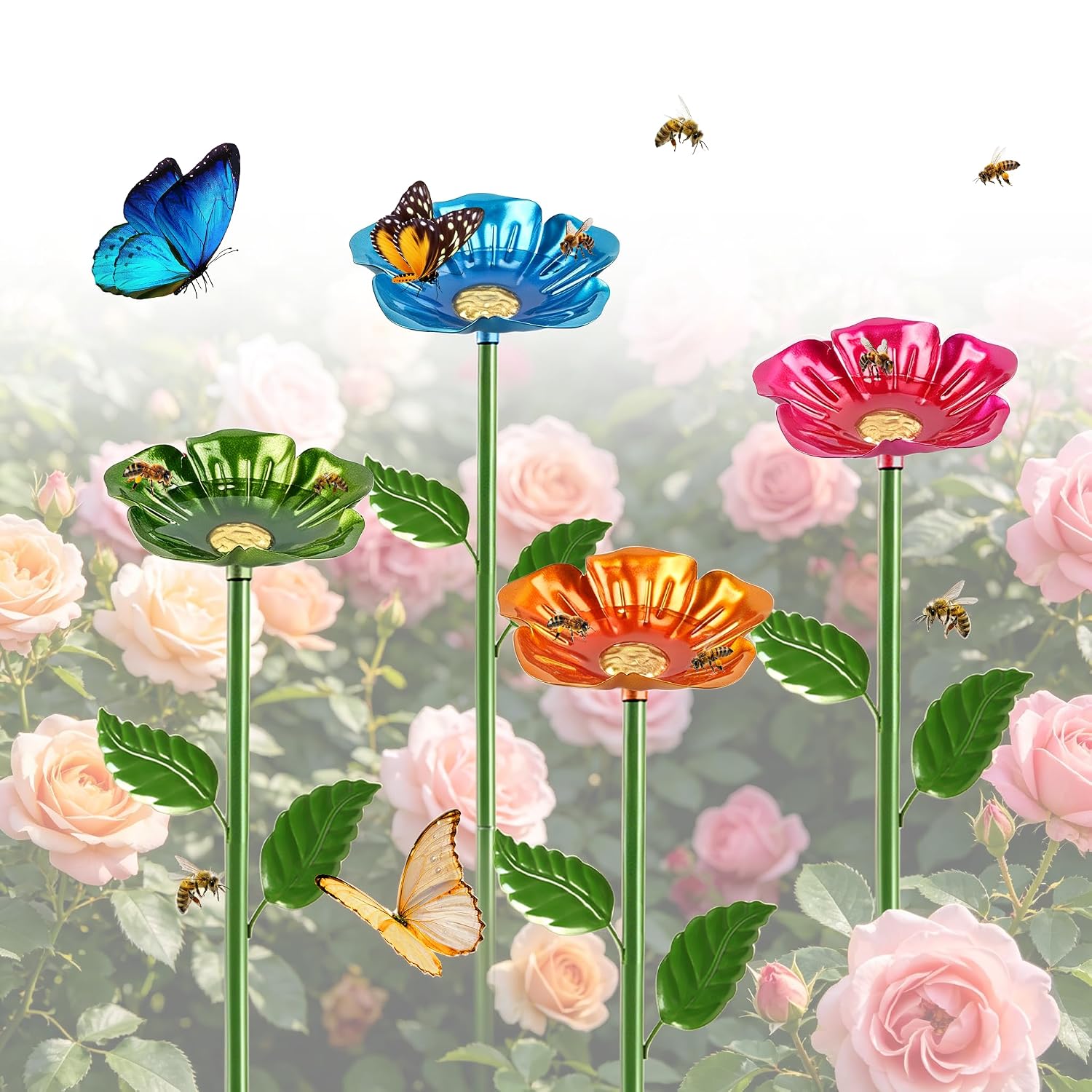 Detalle de Bienentränke für den Garten – 4er-Set Metall‑Insektentränke in Blumenform