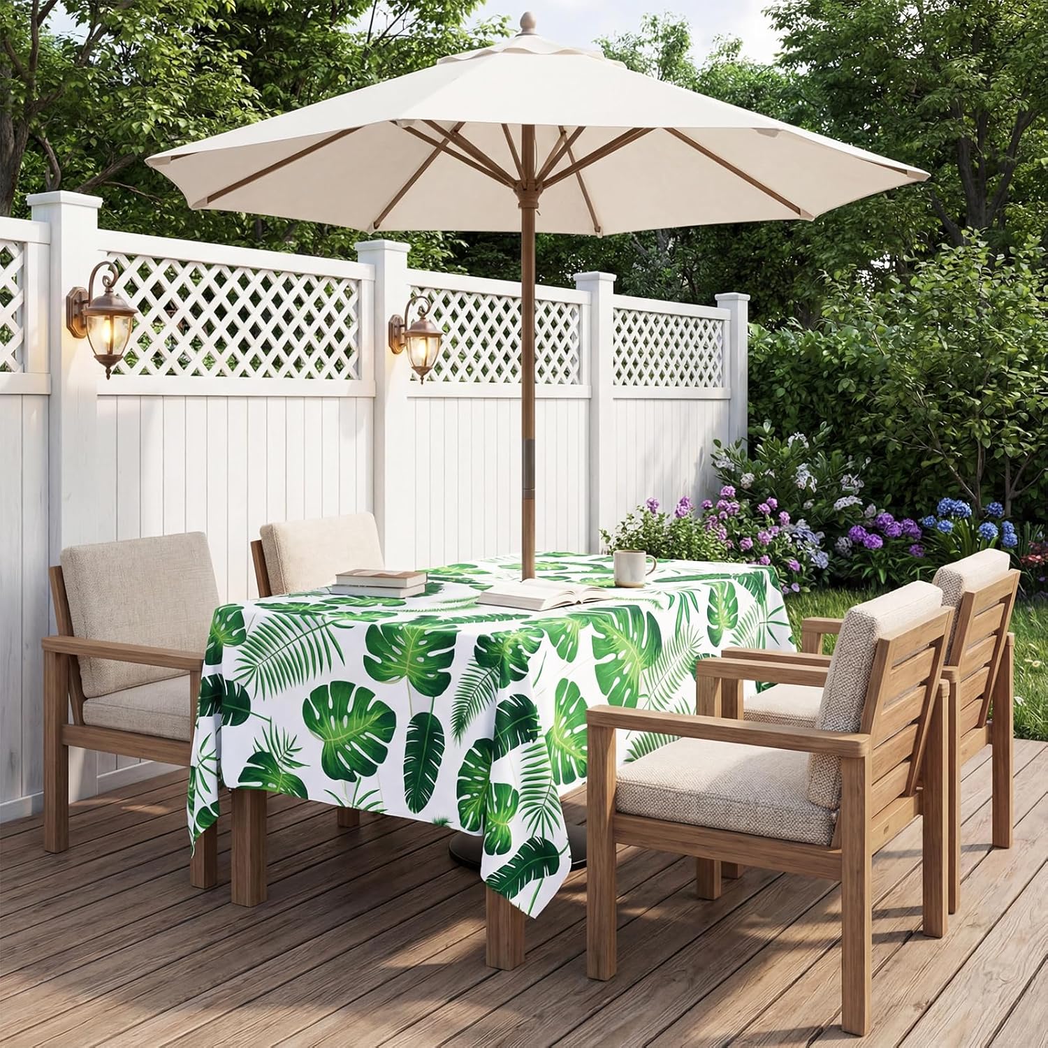 Detalle de 3E Home Rectangle Water Resistant Outdoor Tablecloth with Parasol Hole (60x84 inches) – Palm leaf