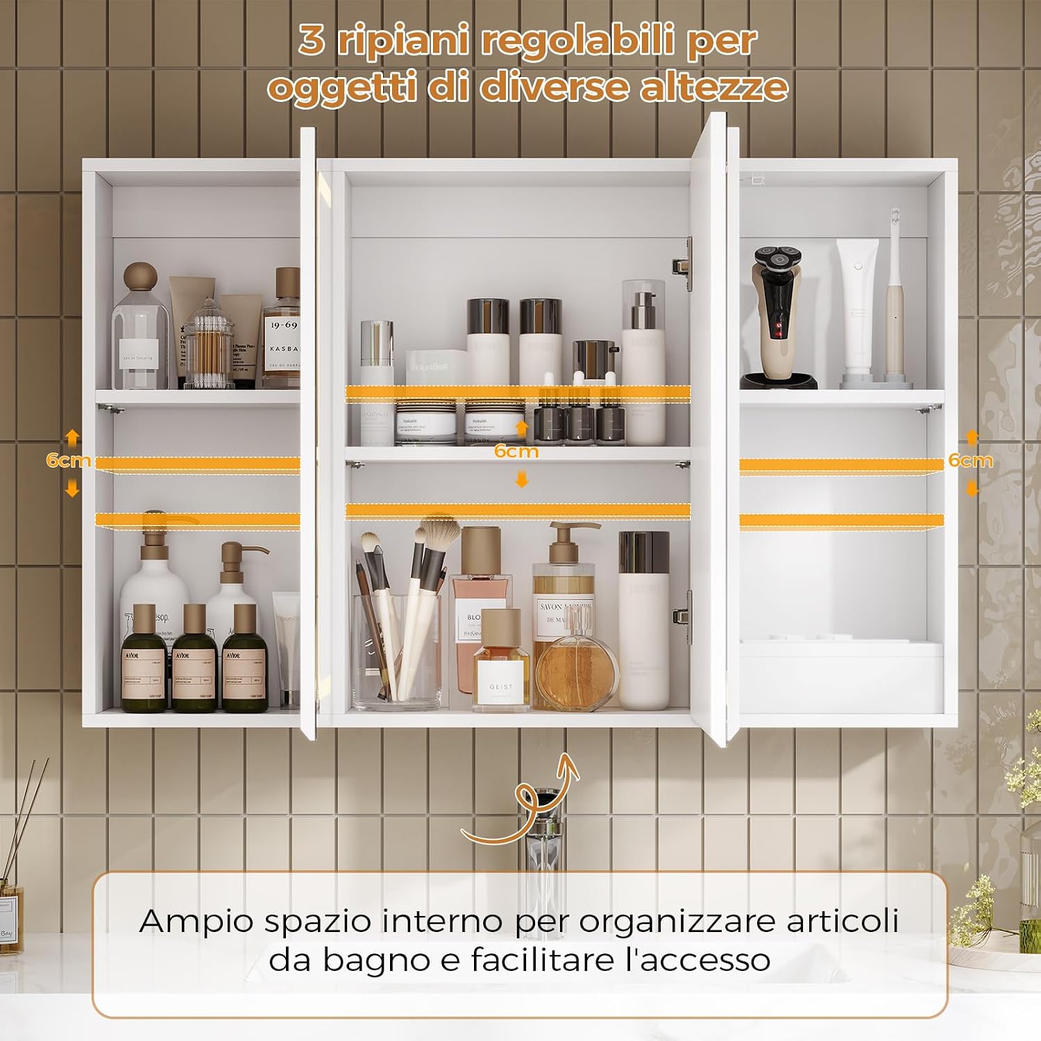 Thumbnail 3 de Mojiasion Specchio Bagno con Contenitore LED, Presa Elettrica e 3 Ante 90x16x60 cm bianco