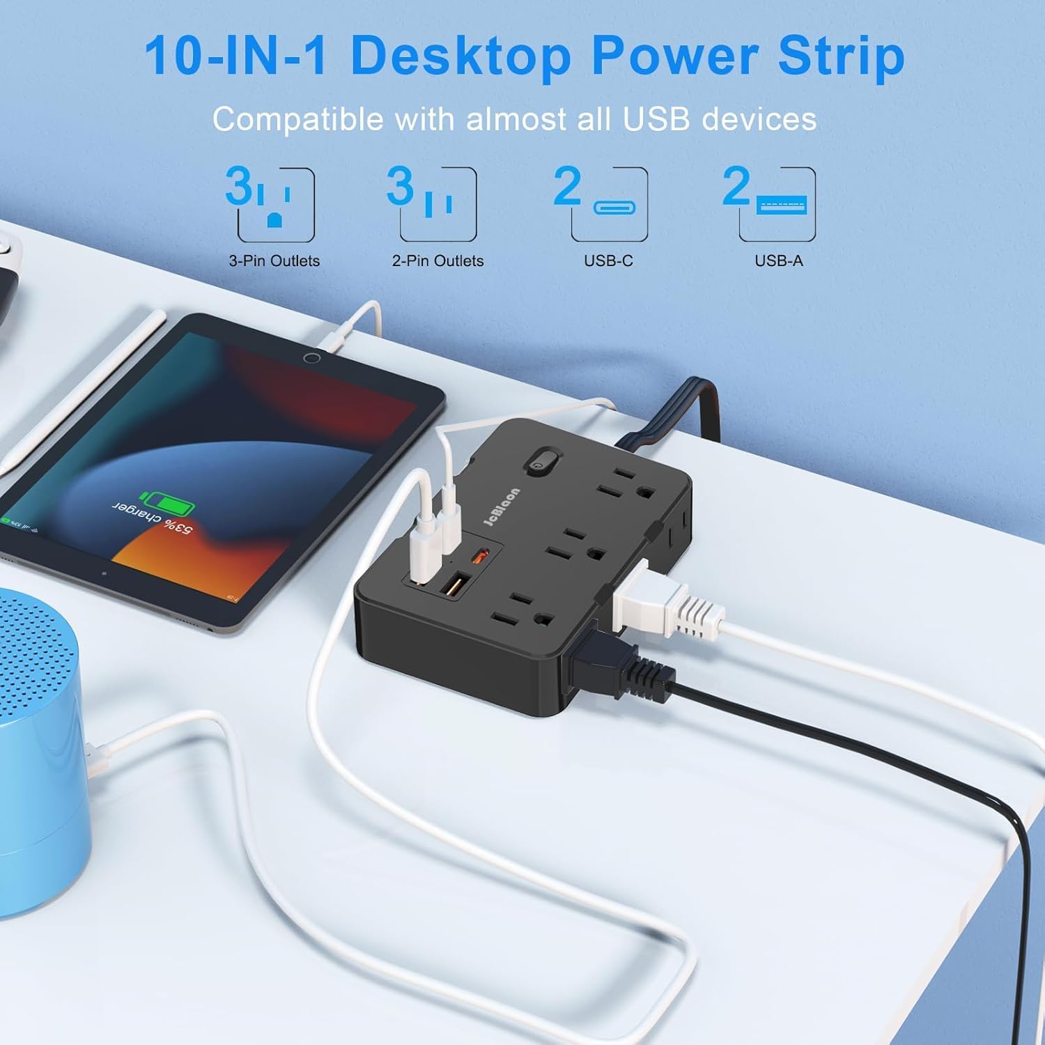 Detalle de JcBlaon QT660 Flat Plug Surge Protector, 6 Outlets, 4 USB Ports, 1050J