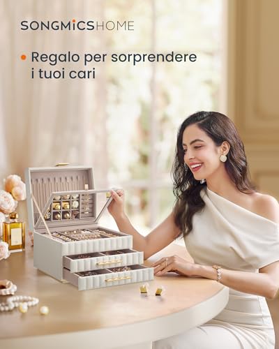 Detalle de SONGMICS HOME ANAH Collezione - Scatola Portagioie 3 Ripiani con Specchio, 2 Cassetti, PU con Cucitura, 21,5 x 24 x 15,8 cm, Bianco Nuvola