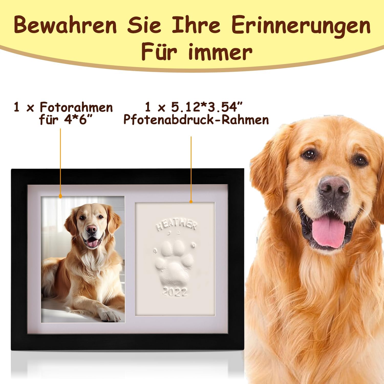 Thumbnail 1 de PewinGo Gedenkrahmen Hund und Katze – Pfotenabdruck Set + Foto 6x4” inkl. Ton, edler Holzrahmen