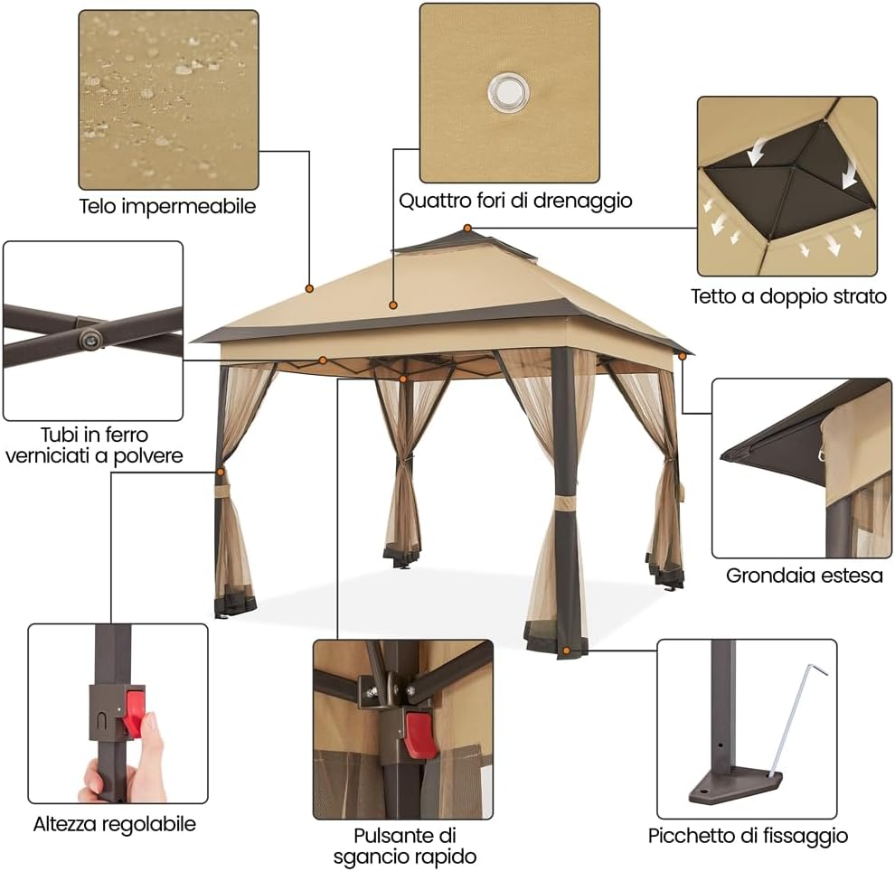 Thumbnail 4 de Yaheetech Gazebo da Giardino 330x330x271-291 cm: struttura robusta, doppio tetto e pareti in rete, colore kaki