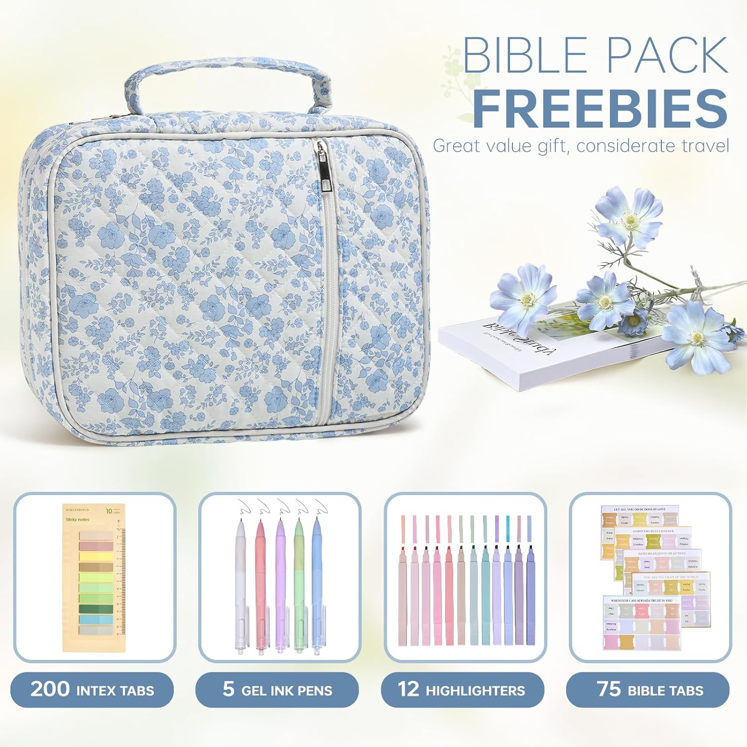 Thumbnail 1 de YKFLY Quilted Bible Cover with Handle, Zipper, and Blue Floral Cotton