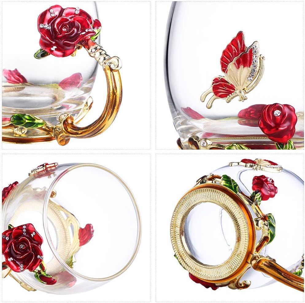 Thumbnail 6 de Luka Tech Enamel Butterfly & Rose Lead-Free Glass Coffee Mug with Steel Spoon (Rose)