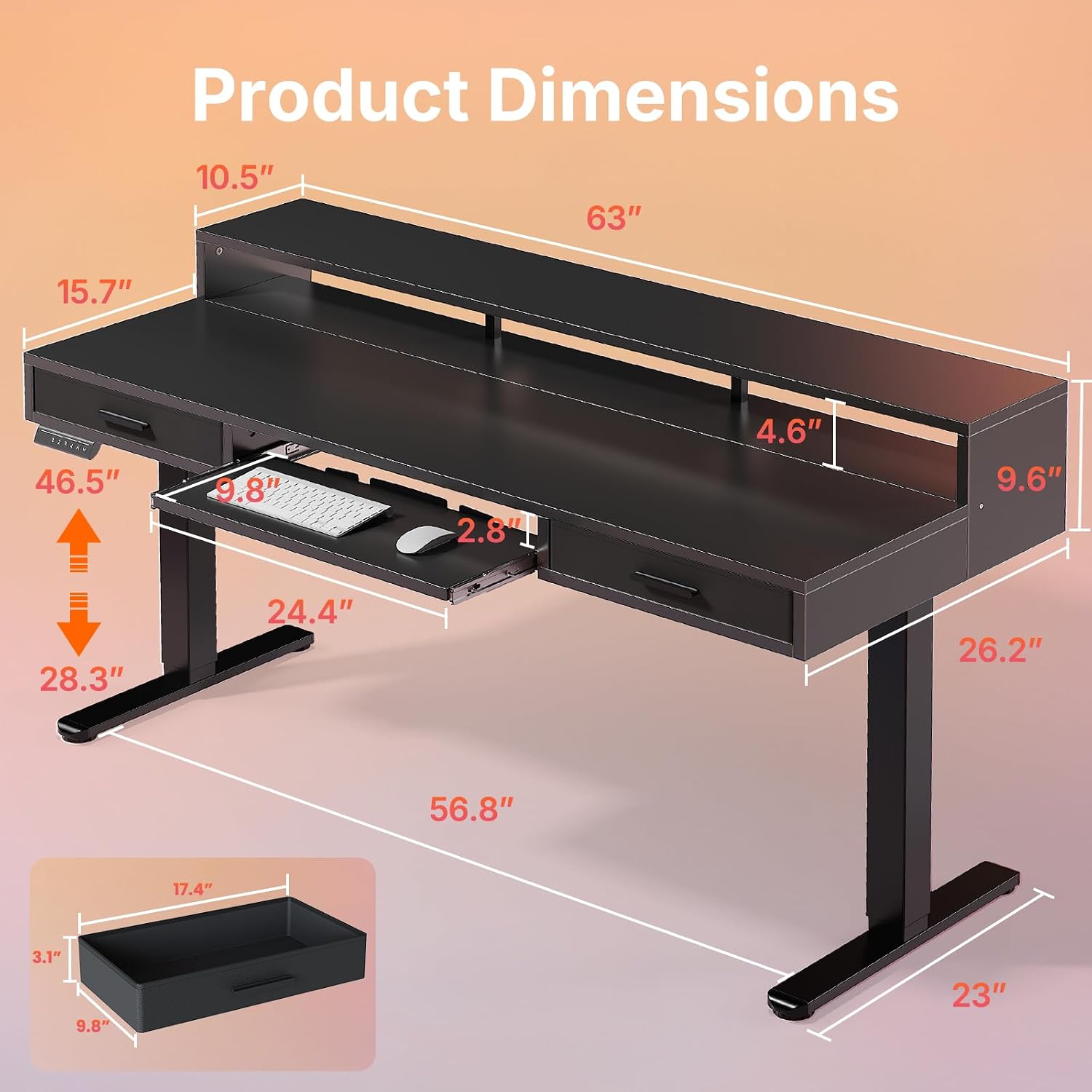 Detalle 2 de HUANUO 63″ x 26″ Electric Standing Desk with Drawers and Keyboard Tray