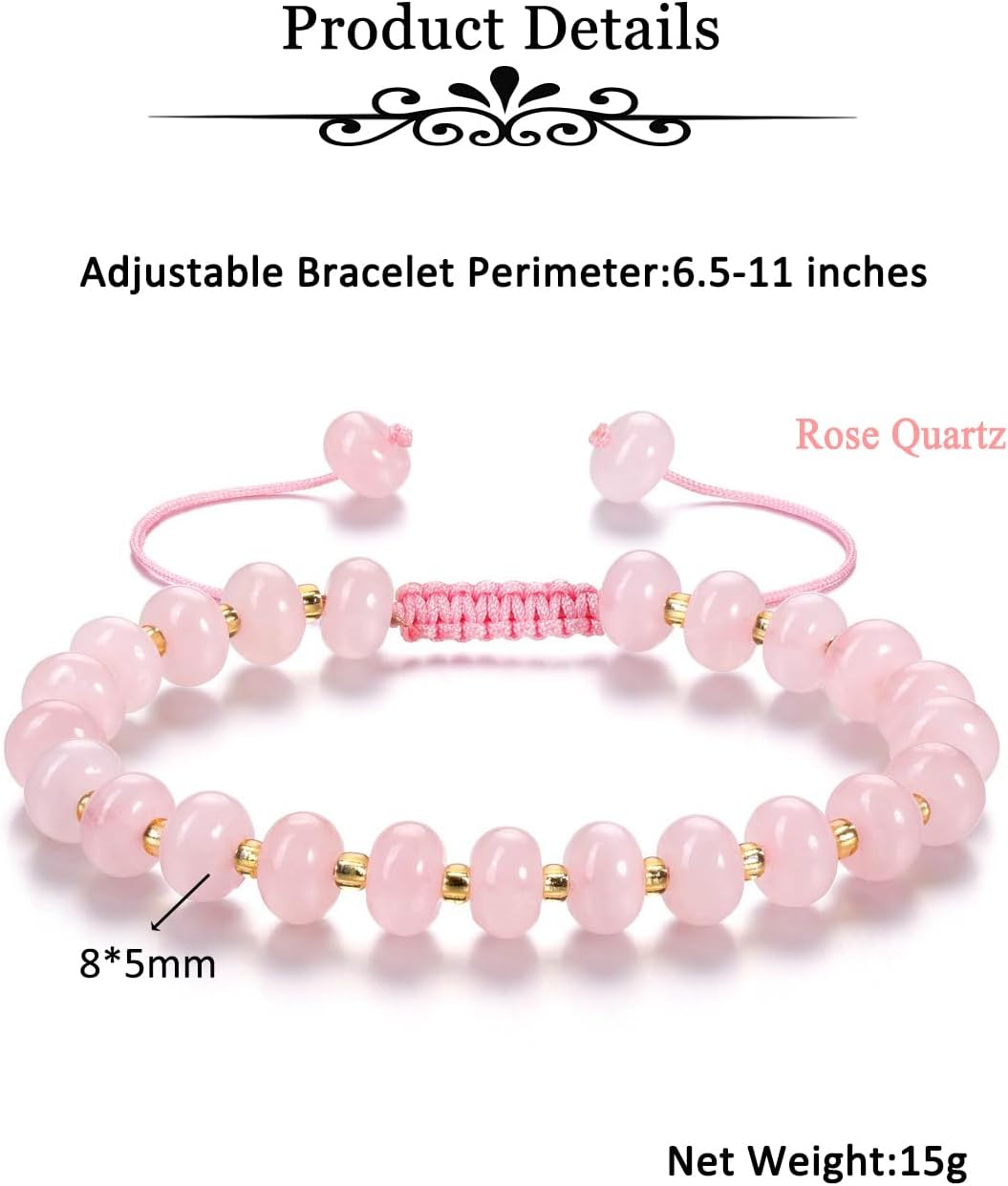 Detalle de JSDDE Healing Crystal Bracelet for Women and Girls: Colourful Rose Quartz Bead Necklace with Adjustable Fit