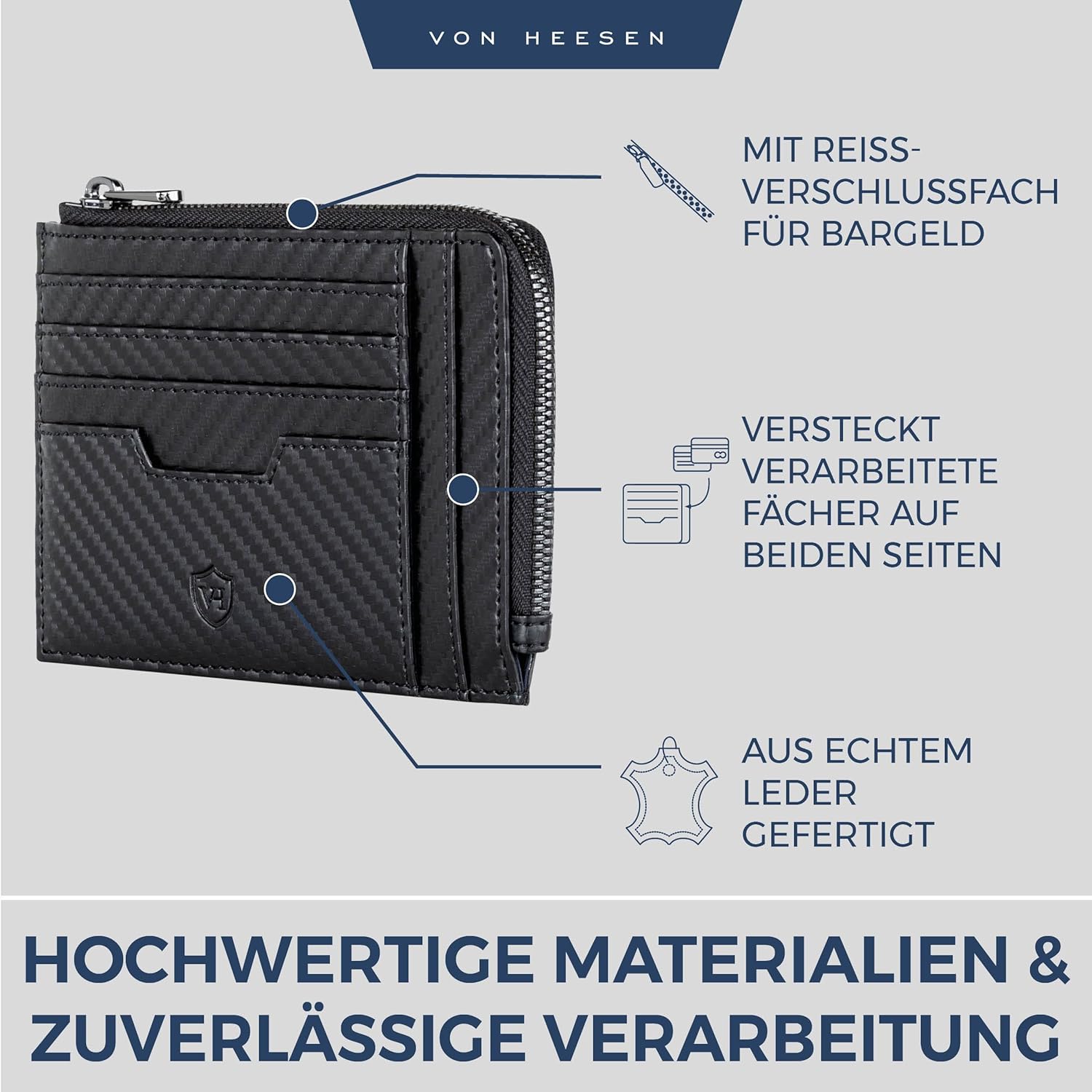 Thumbnail 5 de VON HEESEN Leder Kartenetui Geldbörse „Schwarz Carbon“ für Herren & Damen