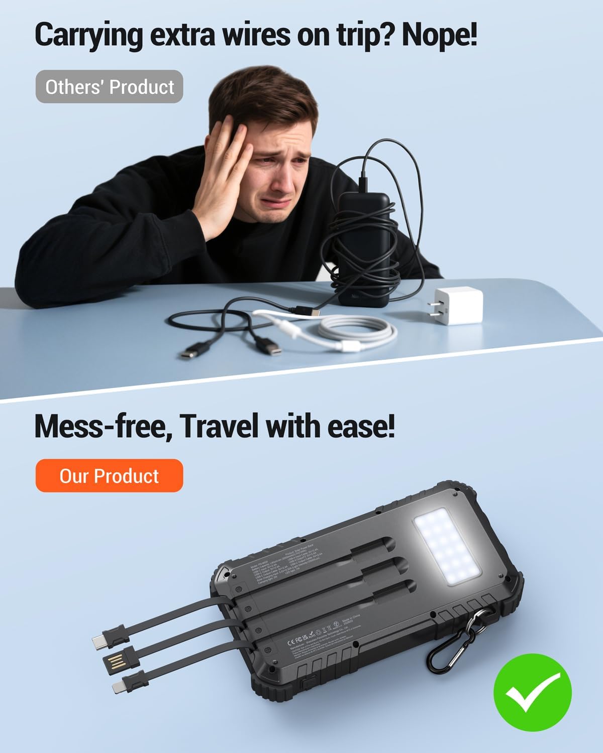 Detalle 2 de Uukto PN-M5W 20,000mAh Solar Power Bank with Built-In Cables and Lights