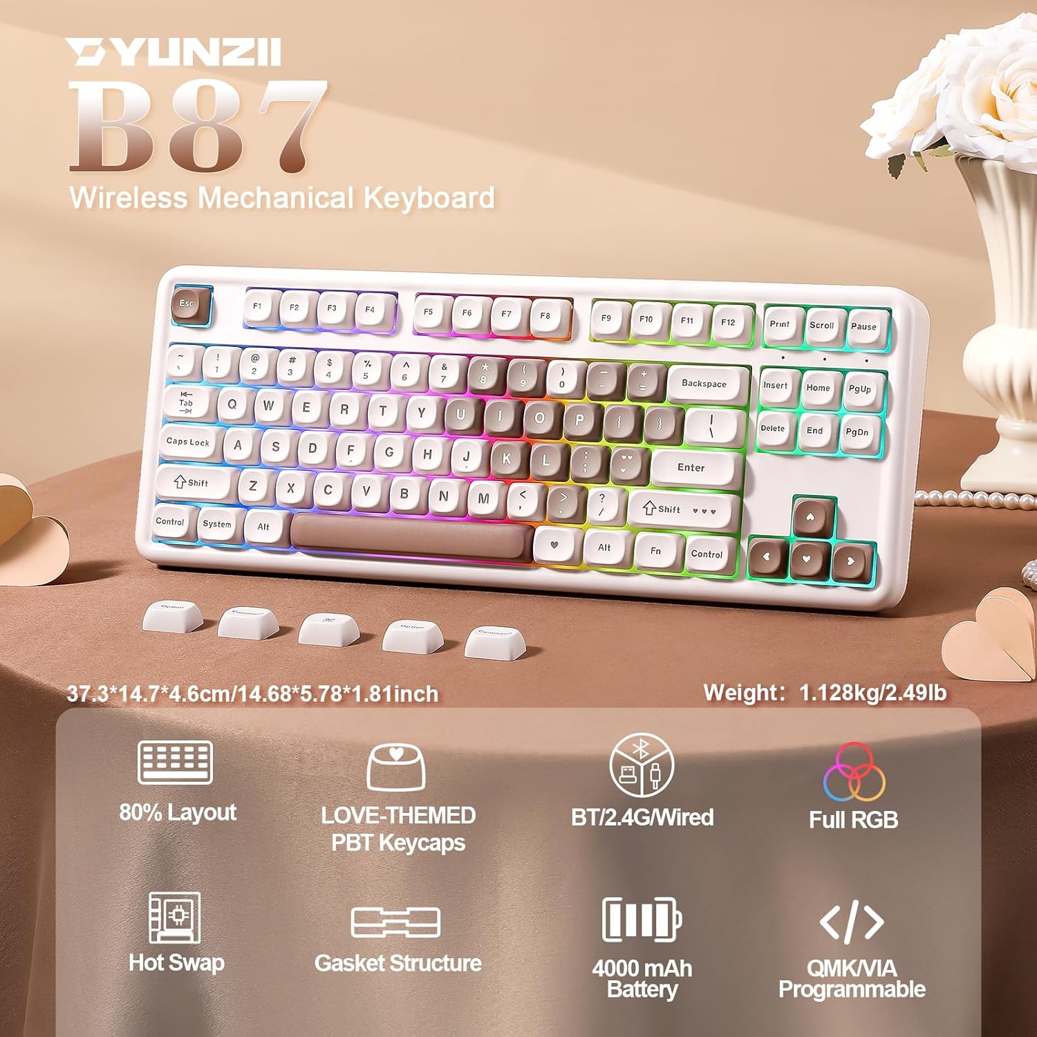 Detalle de YUNZII B87 Wireless Mechanical Keyboard: 87-Key TKL with Gasket Mount, VIA/QMK, and Tri-Mode Connectivity