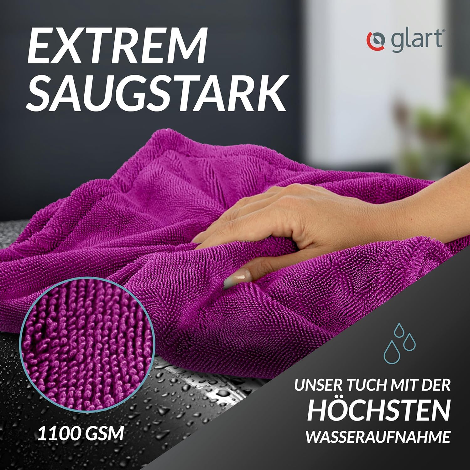 Detalle de Glart 44TW8P Twist Auto Trockentuch XXL 80x55 cm – Mikrofaser, fusselfrei, kratzschutz
