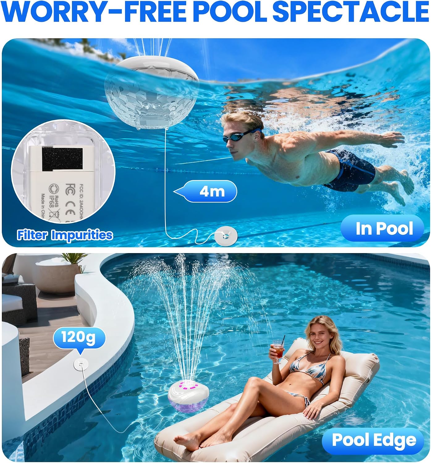Thumbnail 6 de Luxfero 3-in-1 Pool-Lautsprecher mit Springbrunnen, Licht und Bluetooth – IP68 Schwimmbox