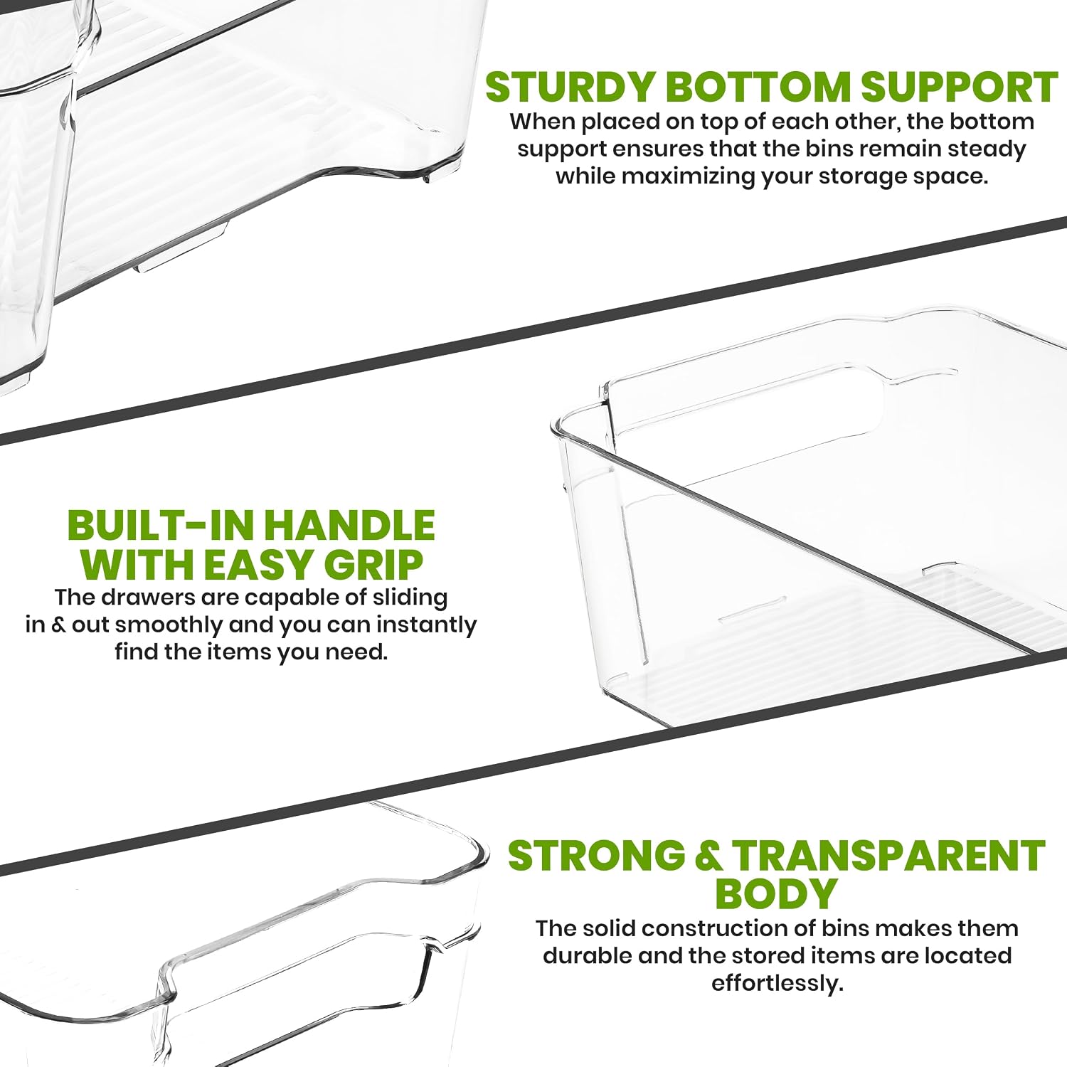 Detalle de KICHLY Stackable Fridge Organisers – 8 Clear BPA-Free Storage Boxes with Handles