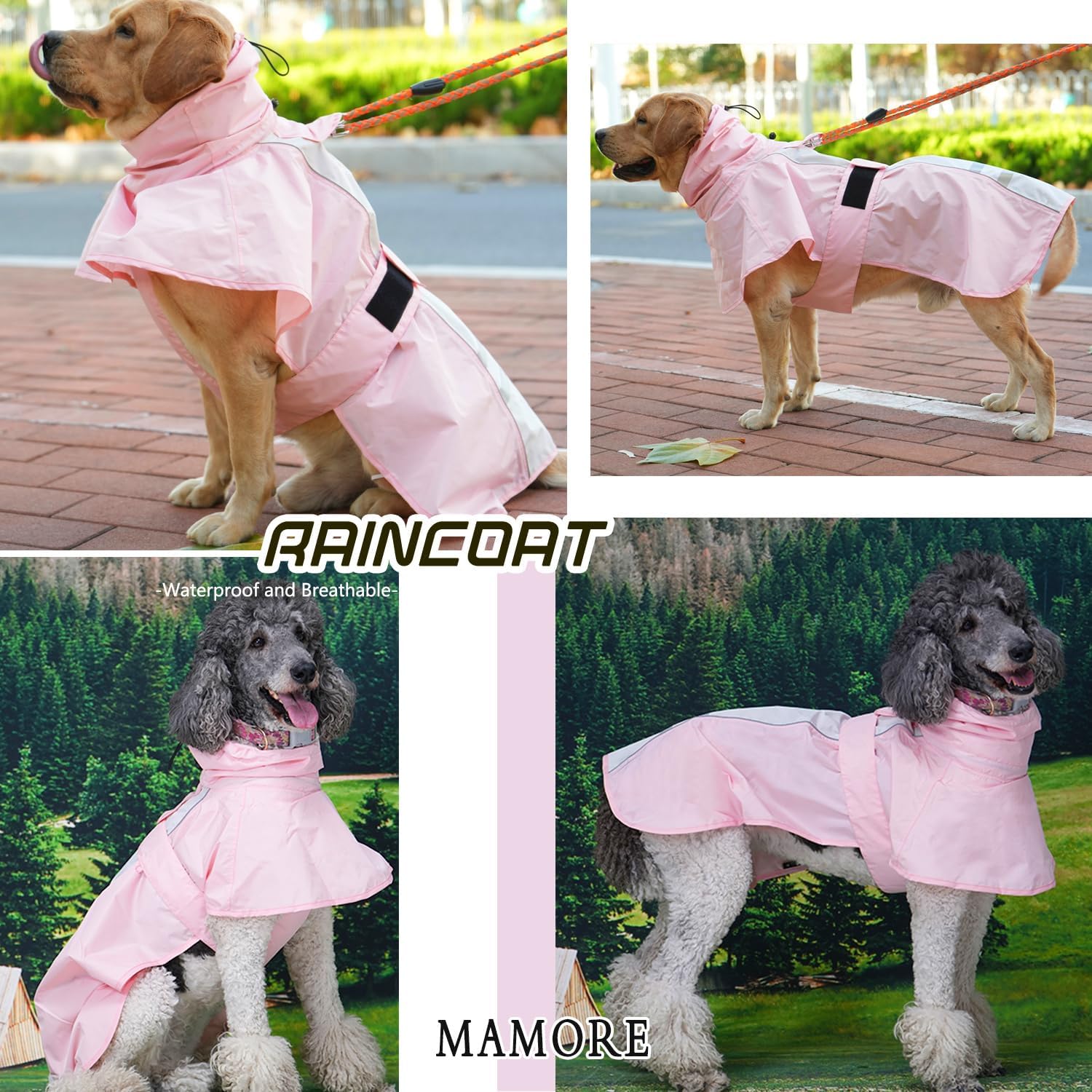 Detalle de Waterproof Dog Raincoat with Reflective Strip and Leash Hole (Pink & White) – S (4–6kg)