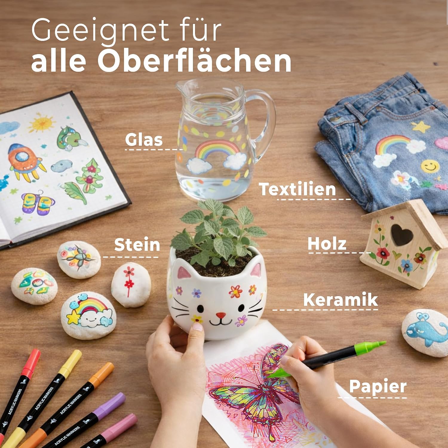 Detalle de DIYIDEA Acrylstifte 24 Farben mit Doppelspitze – wasserbasiert, schnell trocknend für Steine, Holz, Glas, Keramik & mehr