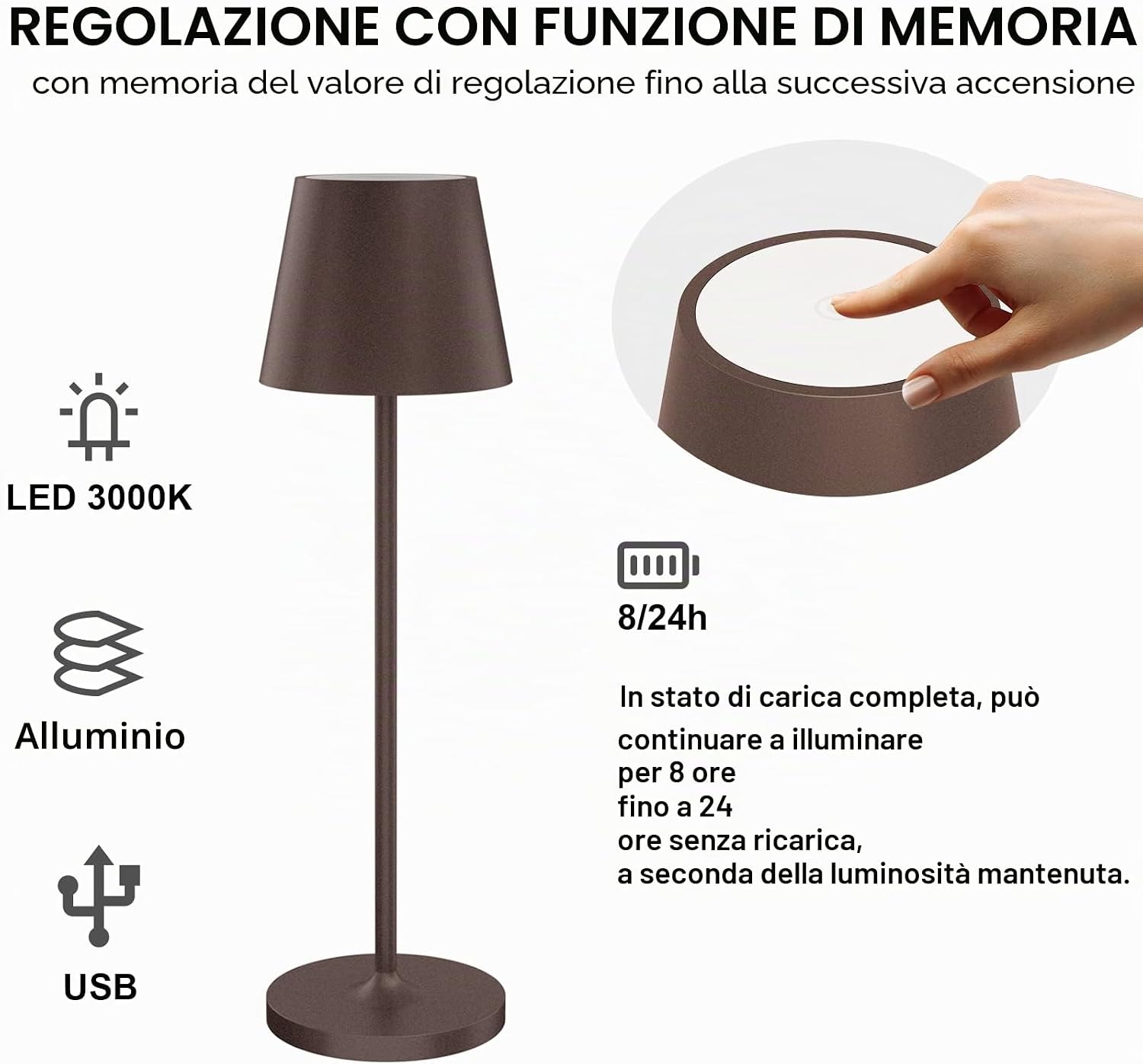 Thumbnail 2 de Klighten 2 Pezzi Lampada LED dimmerabile da tavolo ricaricabile, 3000K, IP54, in alluminio (H38 cm) bianco