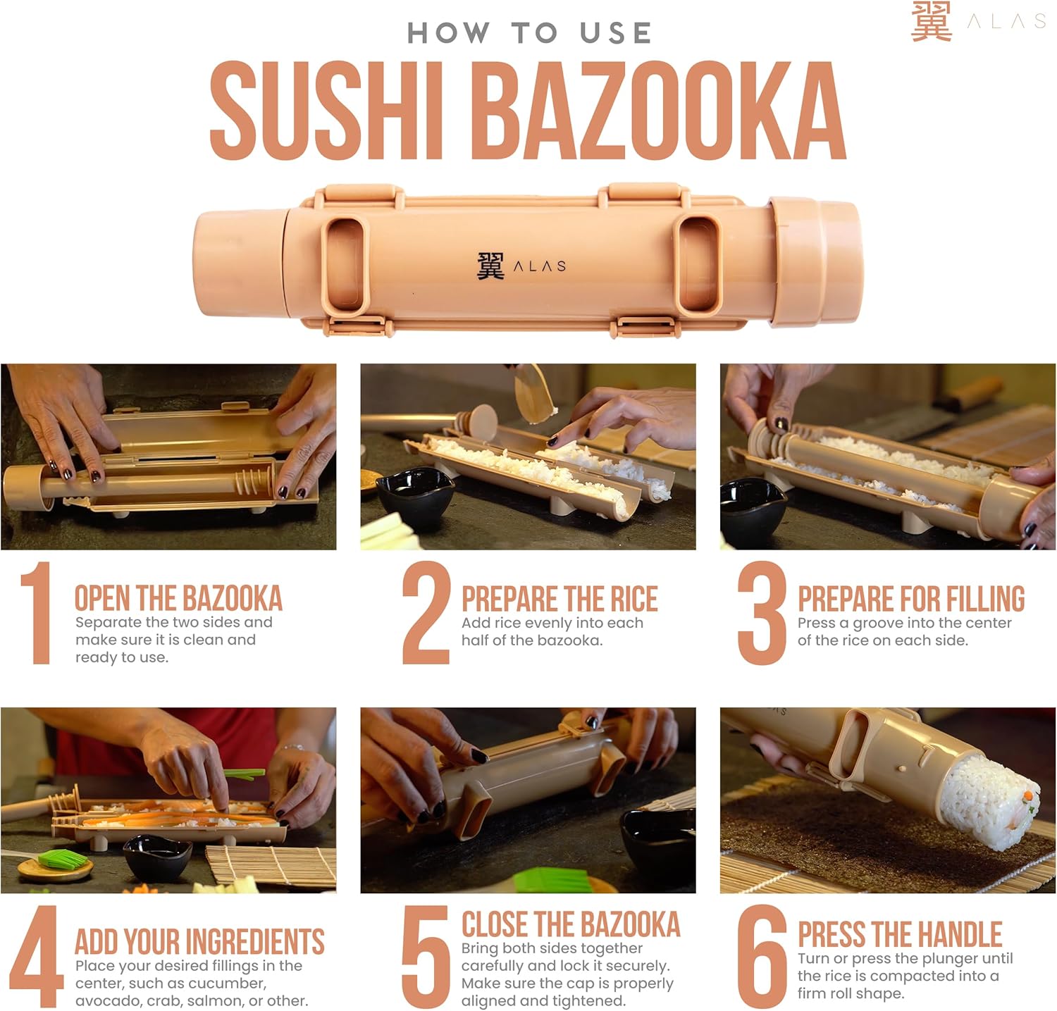 Detalle de Alas Complete 20-Piece Sushi Making Set (Knife, Mats, Rice Bazooka & More) for Beginners and Pros