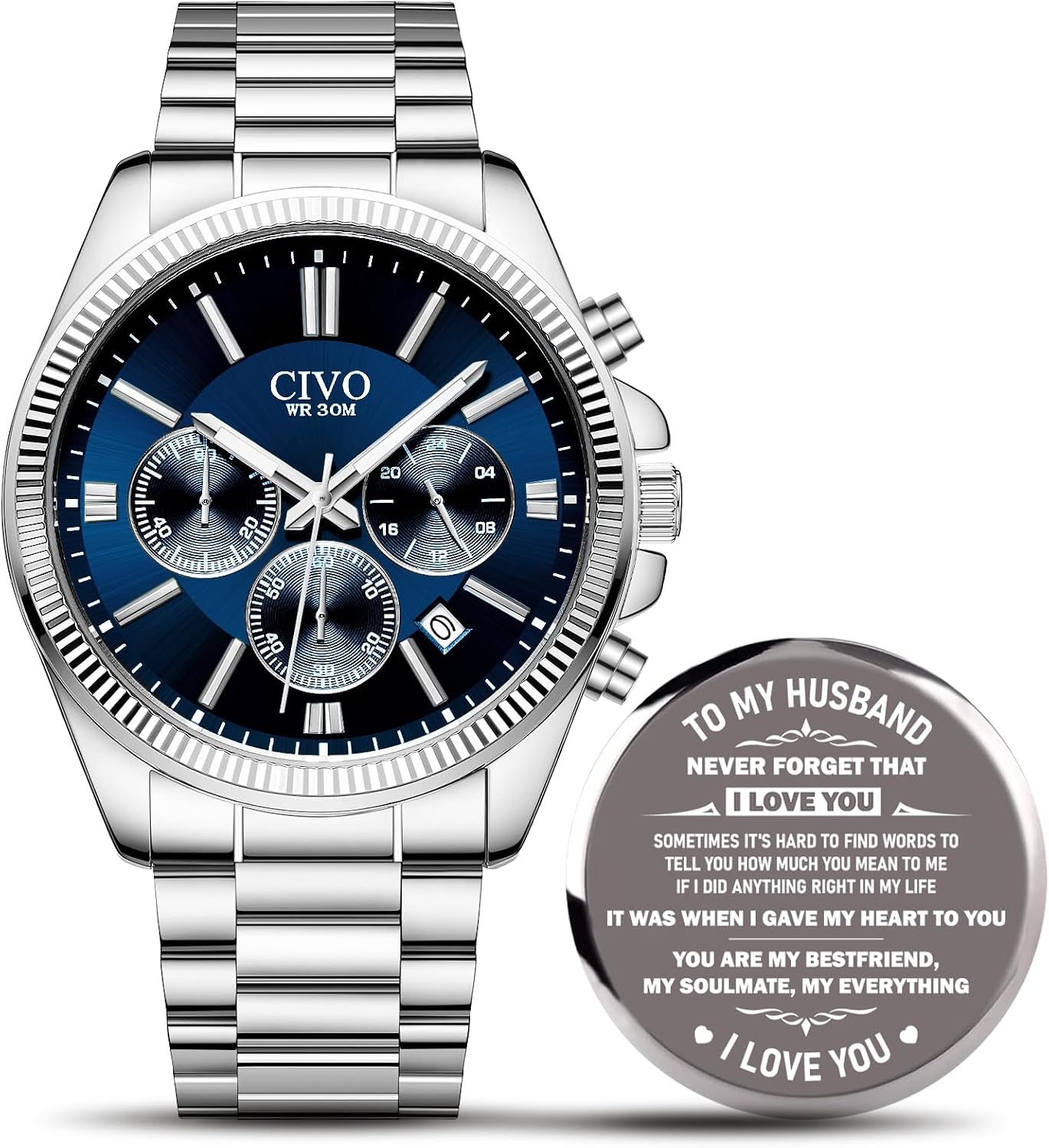 Detalle de CIVO Herrenuhr Edelstahl Chronograph mit Datum – Silbern, 41 mm, Quarz, 3 ATM Wasserdicht