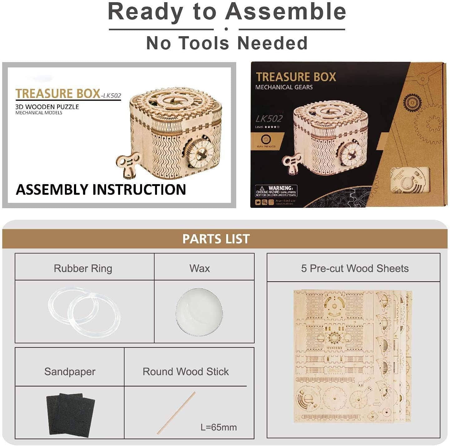 Thumbnail 6 de ROBOTIME Treasure Box wooden model building kit – laser-cut 3D puzzle for adults