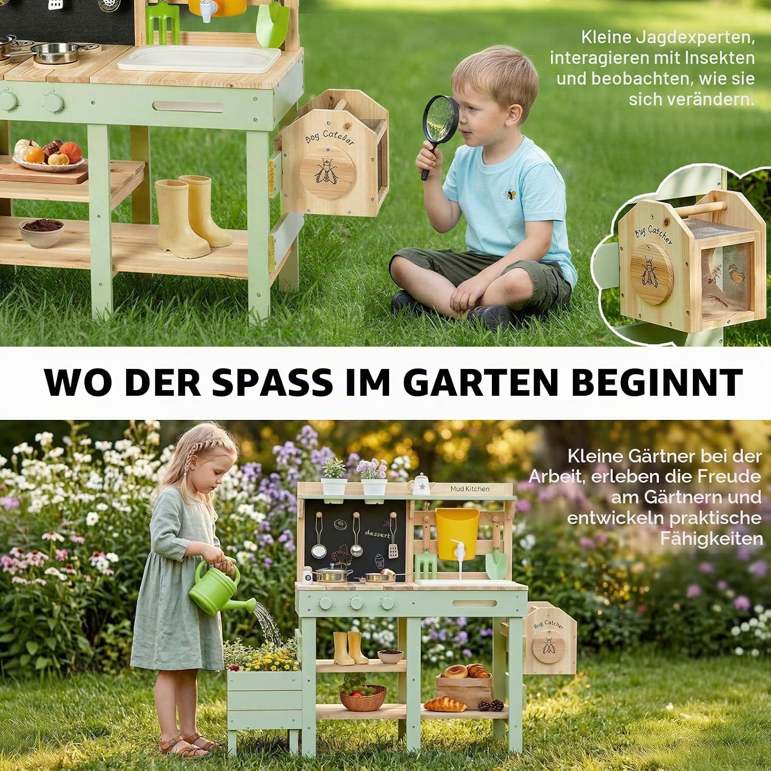Detalle 2 de Labebe Matschküche Kinder Outdoor – 3-in-1 Spielküche mit Spüle, Pflanzkasten und Insekten-Beobachtungsbox