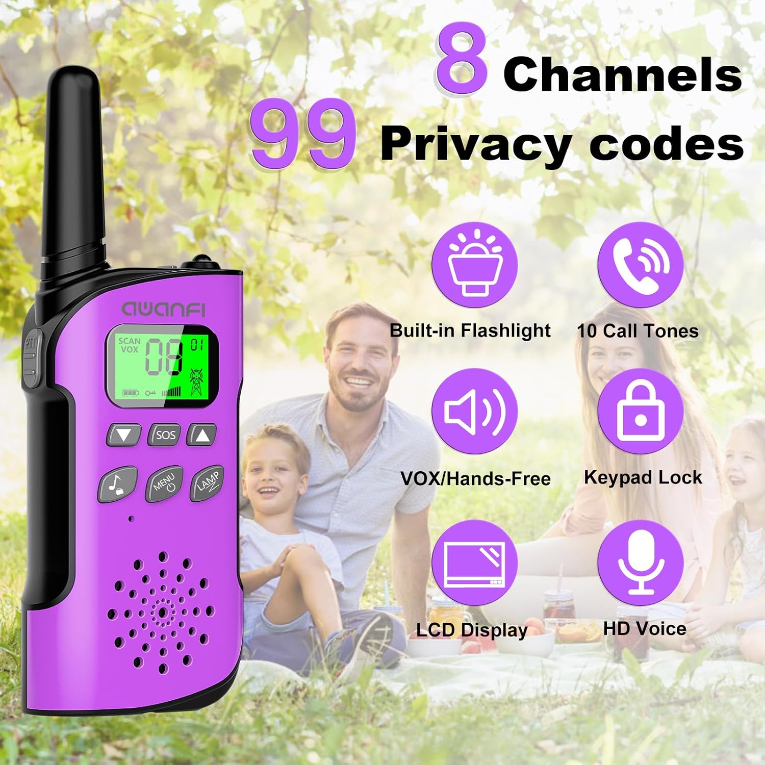 Thumbnail 5 de AWANFI Kids Walkie Talkies 4-Pack: Rechargeable Long Range 2-Way Radios with Flashlight & VOX (USB-C) for Outdoor Fun