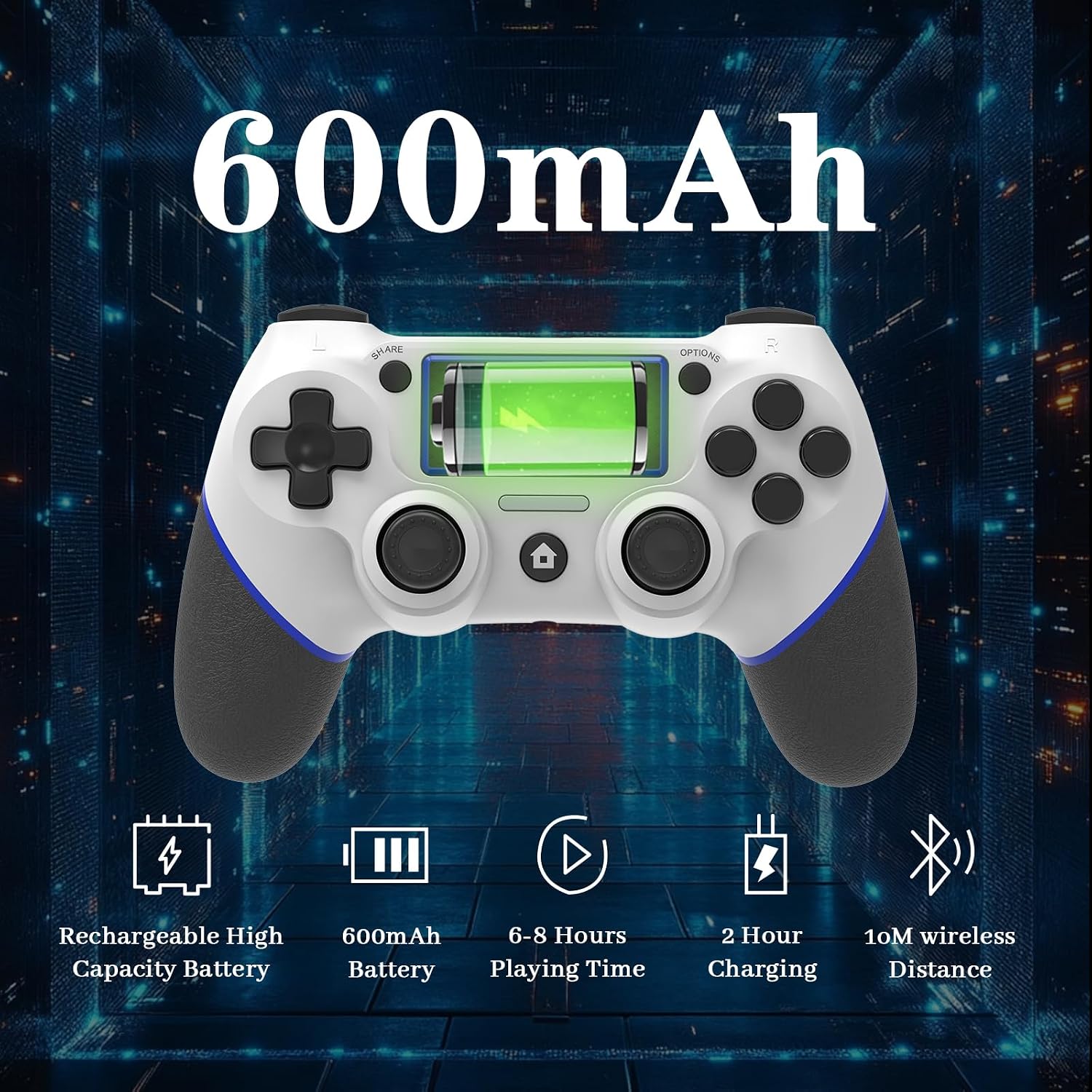 Detalle de Wireless Controller for PS4 (White/Blue) — Multi-Platform Compatibility, Turbo, Built-in Speaker
