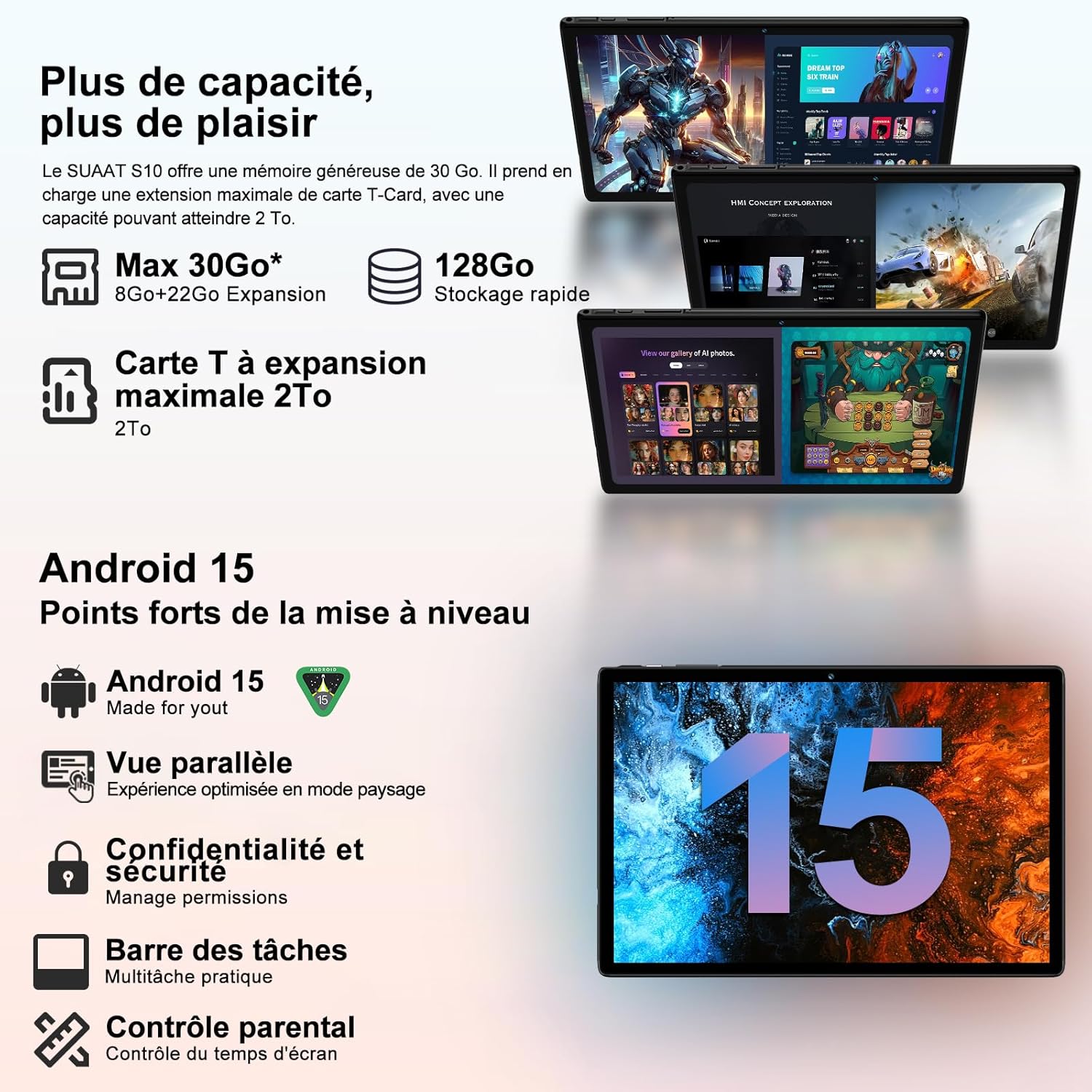 Thumbnail 2 de SUAAT 2026 Android 15 Tablet mit Gemini AI – 10,1 Zoll, 30 GB RAM, 128 GB ROM + 2 TB Erweiterung, Bluetooth 5.0, Widevine L1