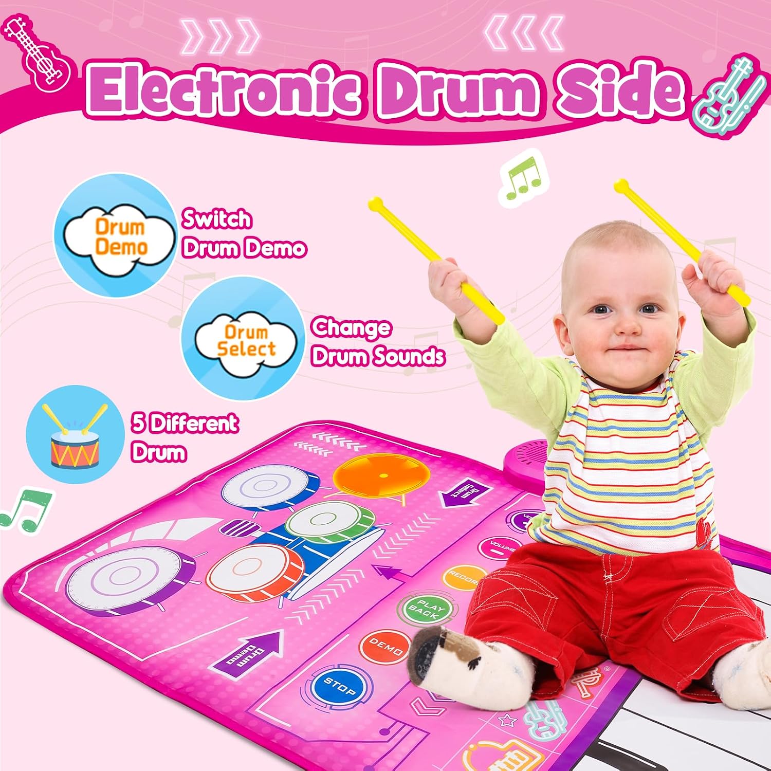 Detalle 2 de Gralal 2-in-1 Pink Musical Mat for 1–2 Year Old Girls: Piano, Drums and Recording in One Playful Mat